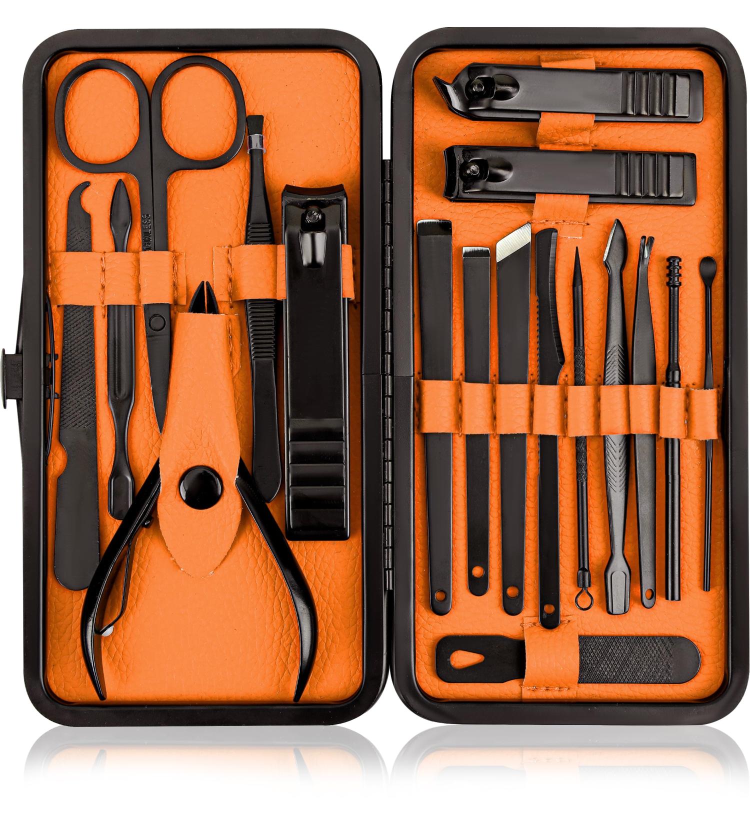 Kichly 18-Part Manicure Set for Women & Men | Nail Tools & Accessories | Travel Case Included | Nail Clippers & Scissors (Orange/Black) - Buy Online on GoSupps.com