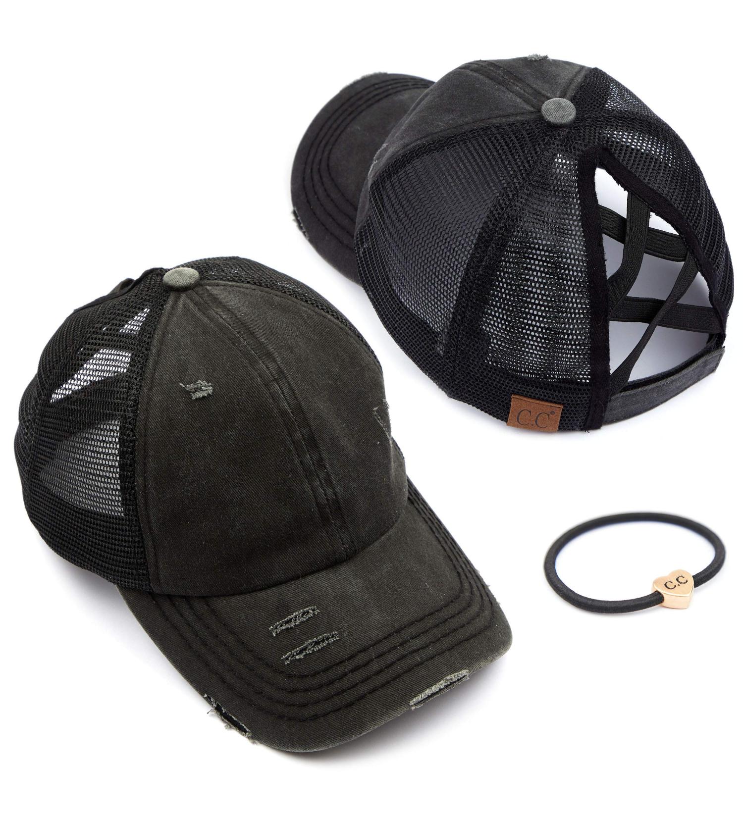 C.C Glitter Mesh Trucker Baseball Cap with Adjustable High Bun Ponytail - Black - Buy Online on GoSupps.com