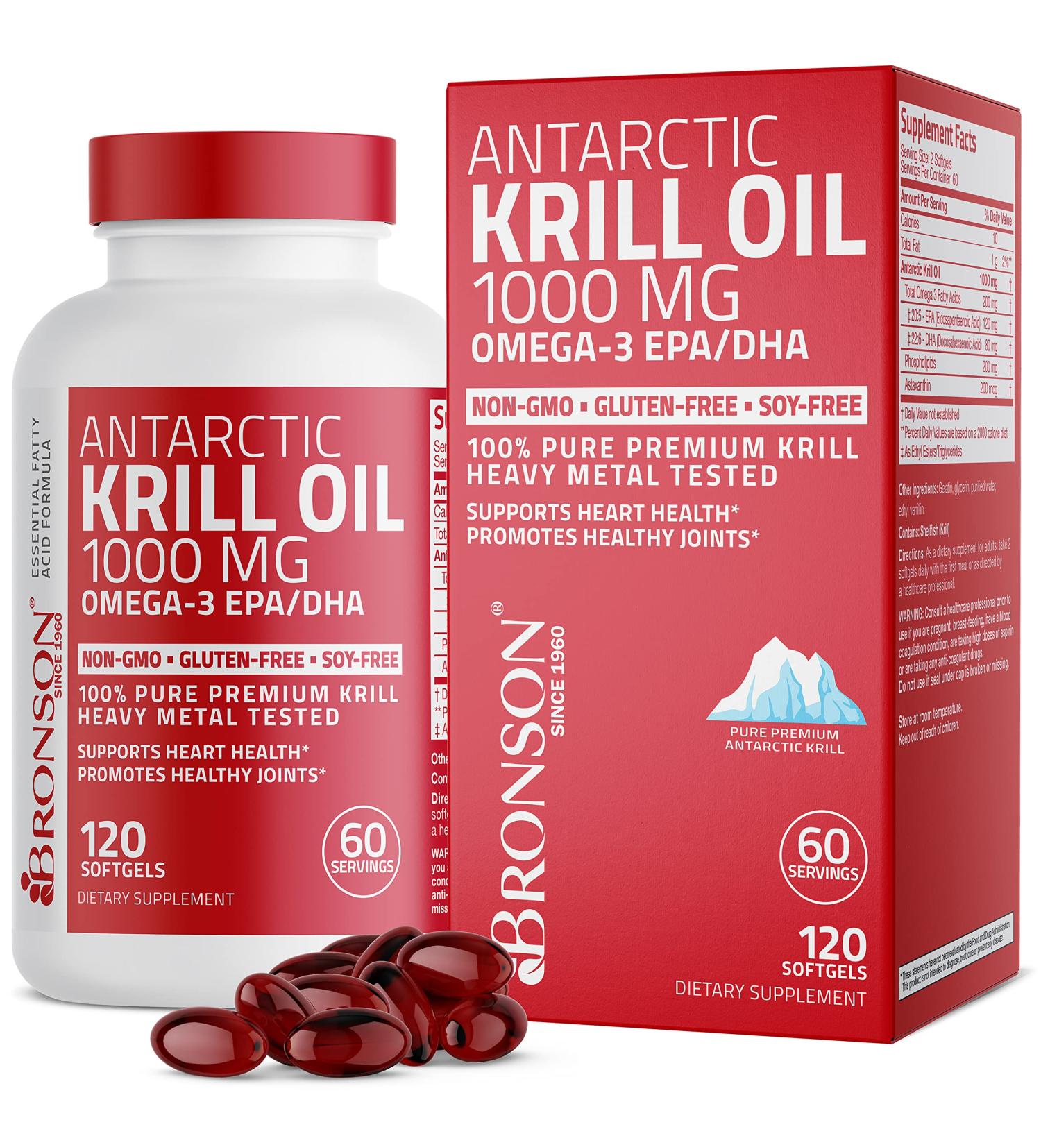 Bronson Antarctic Krill Oil 1000 mg - Omega-3  120 Softgels for Heart & Joint Health - Buy Online on GoSupps.com