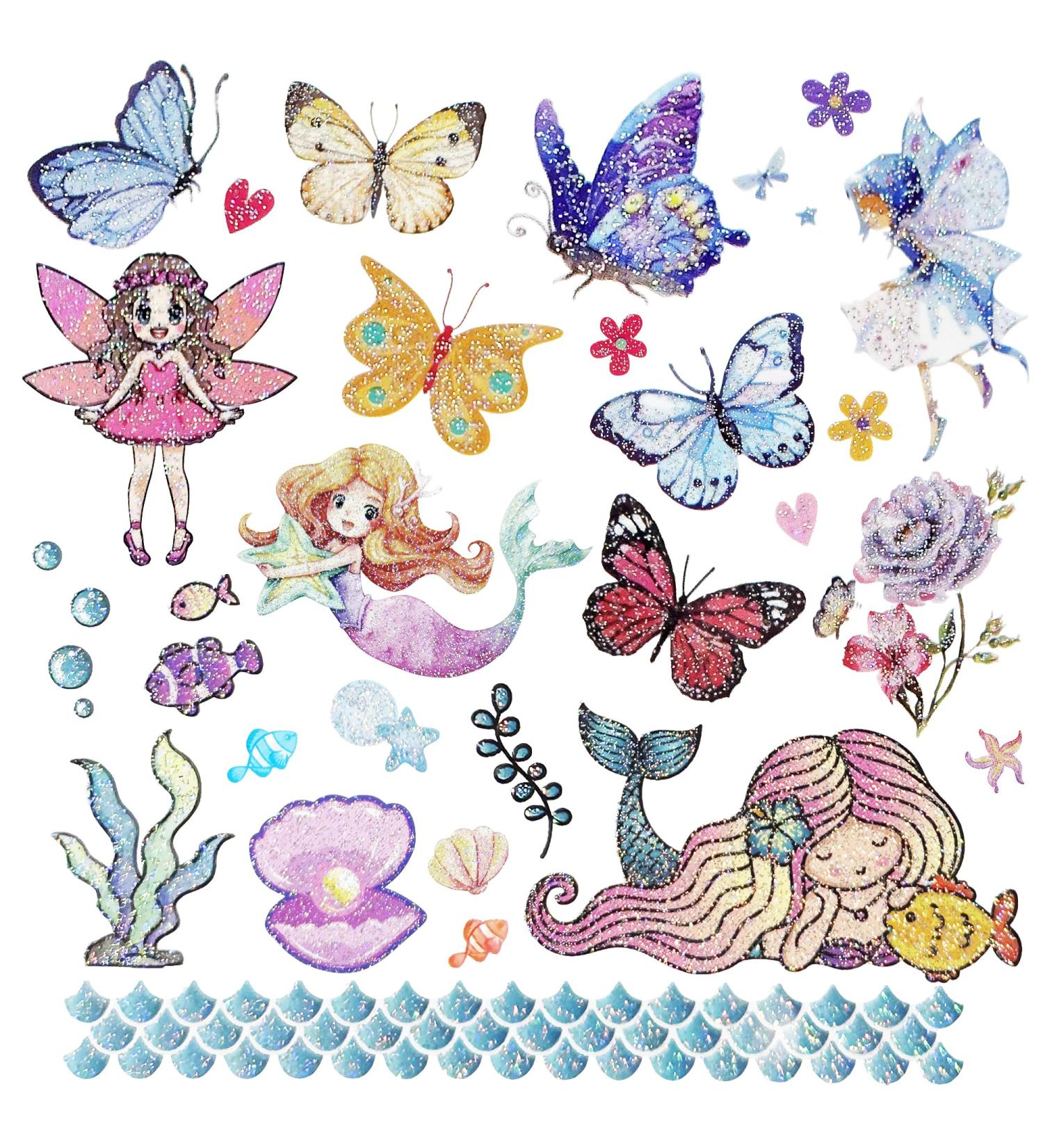 RENUIS Glitter Temporary Tattoos for Kids - 20 Sheets Mermaid Butterfly Fairy Flowers Fake Tattoo Stickers for Girls - Waterproof Party Favors & Gifts - Buy Online on GoSupps.com