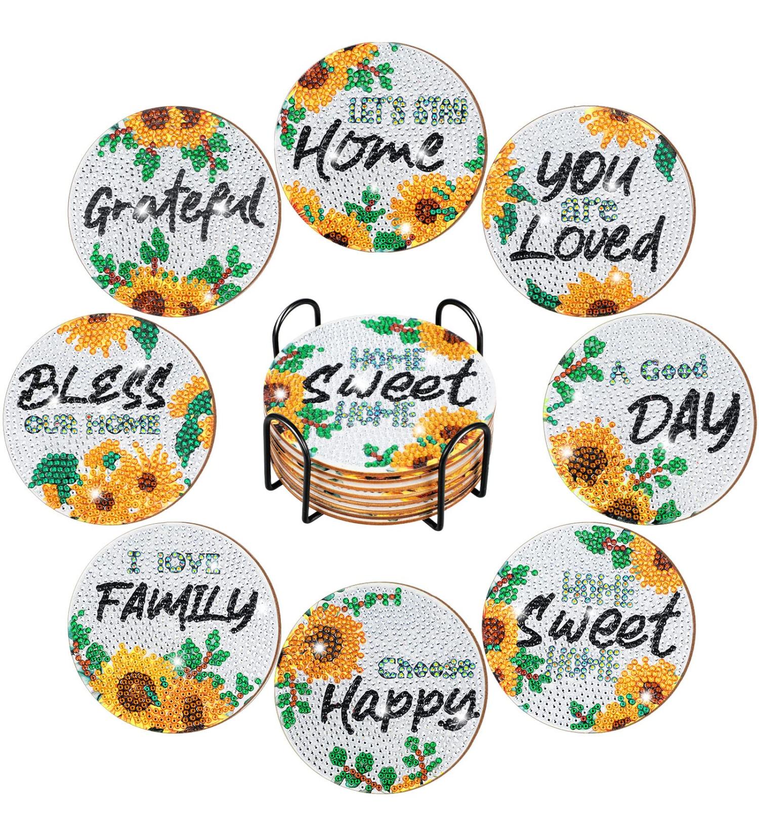 Farmhouse Diamond Painting Coasters Set with Holder - 8 Pcs DIY Rustic Absorbent Drink Coasters | Sunflowers Design | 4 Inch Outdoor Coasters Kit - Buy Online on GoSupps.com