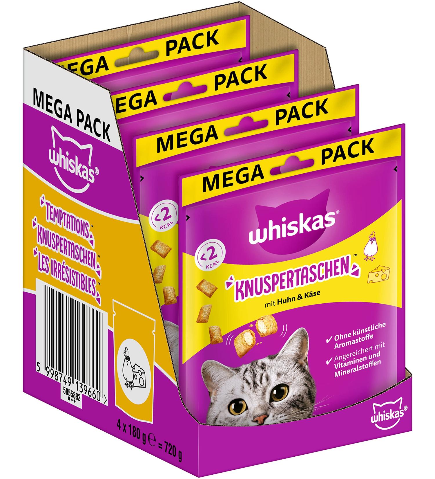 Whiskas Crunchy Pockets Cat Snack with Chicken & Cheese 4 Pack (720g) | Delicious Treats for Adult Cats - Buy Online on GoSupps.com