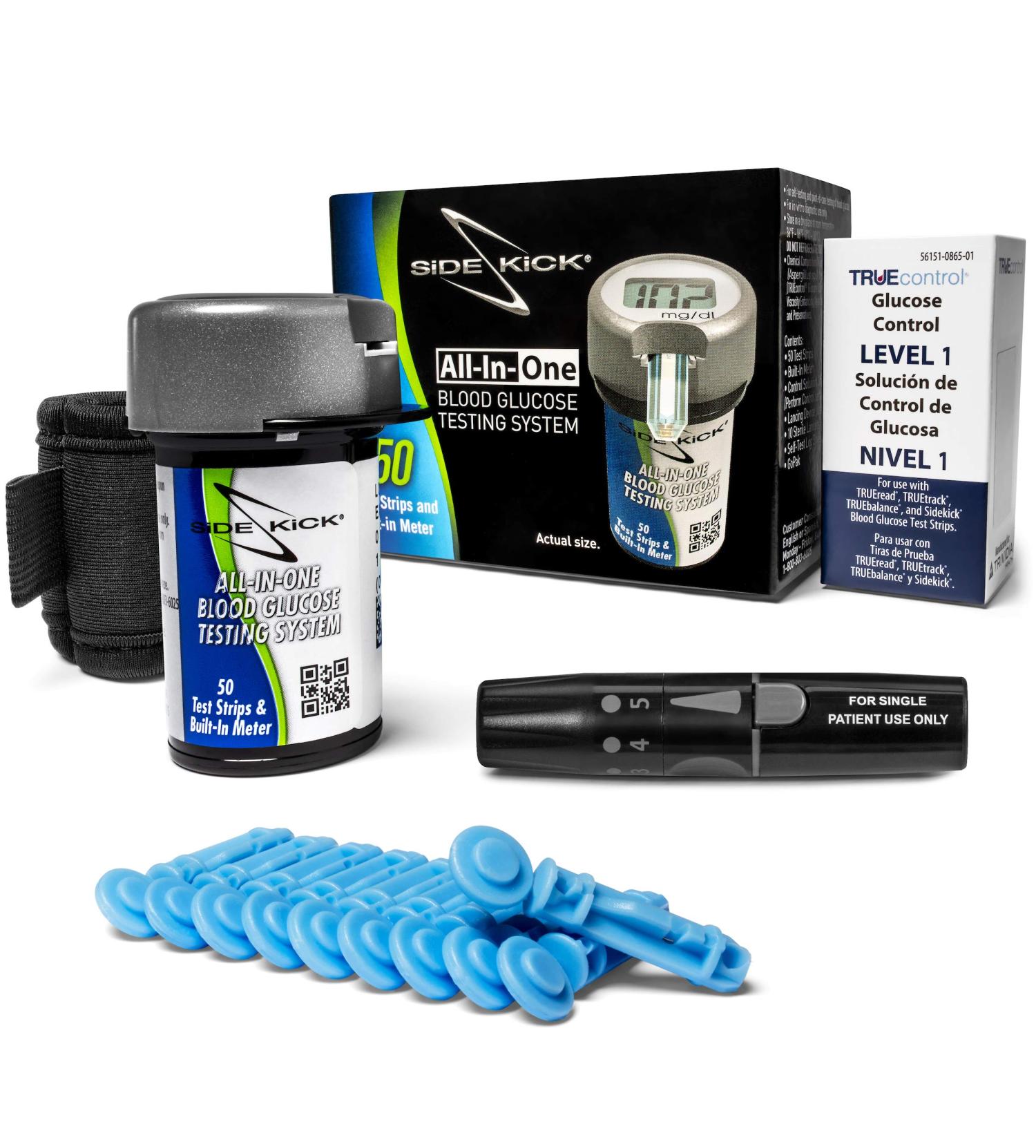 Sidekick All-in-One Glucose Meter Kit with Built-in Meter, 50 Test Strips, Lancing Device, 10 Lancets, Control Solution, and GoPak - Buy Online on GoSupps.com