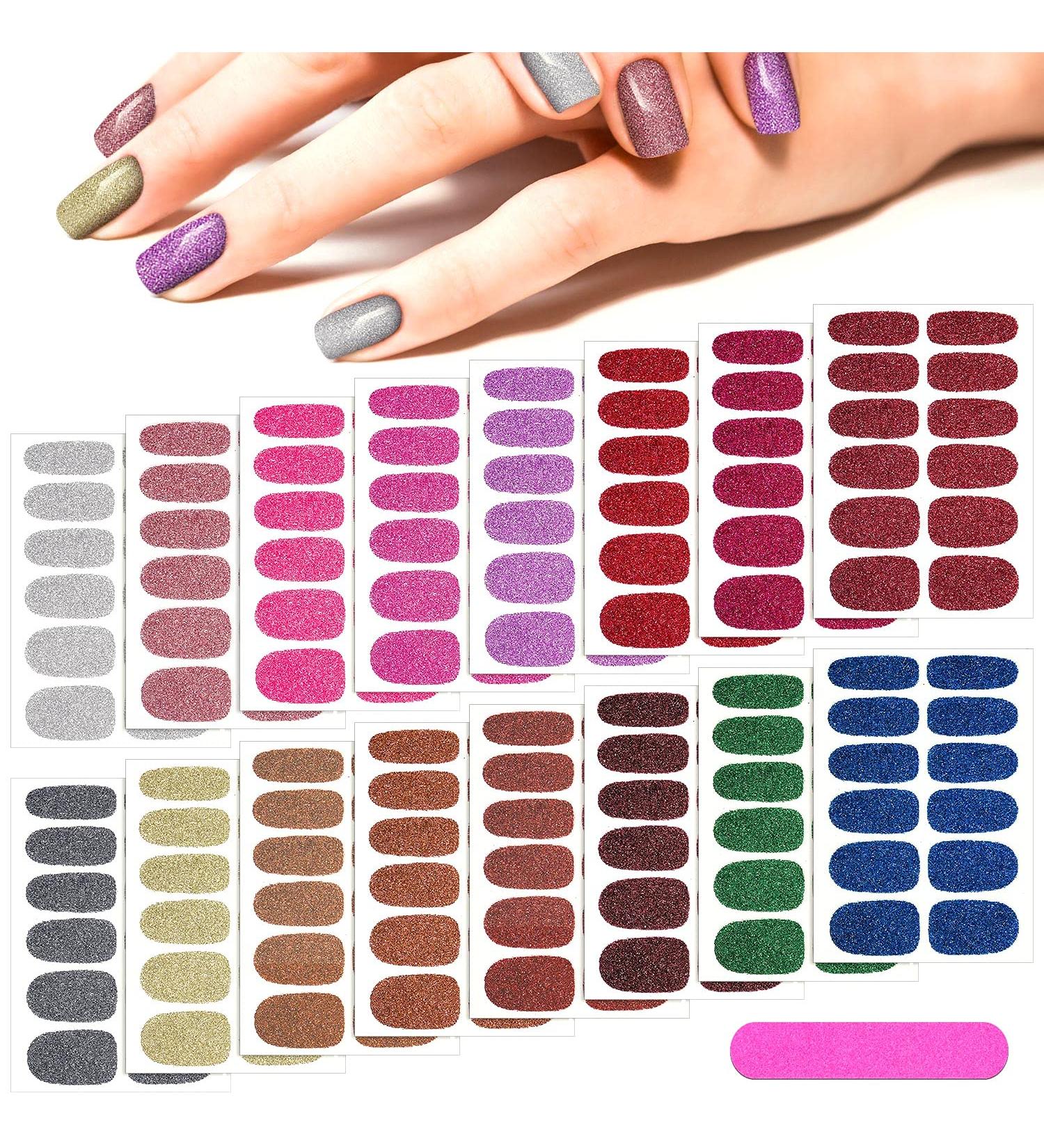 Maitys 16 Sheets Glitter Nail Wraps - Self-Adhesive Nail Polish Strips with 2 Nail Files for DIY Manicure - Retro Color - Buy Online on GoSupps.com