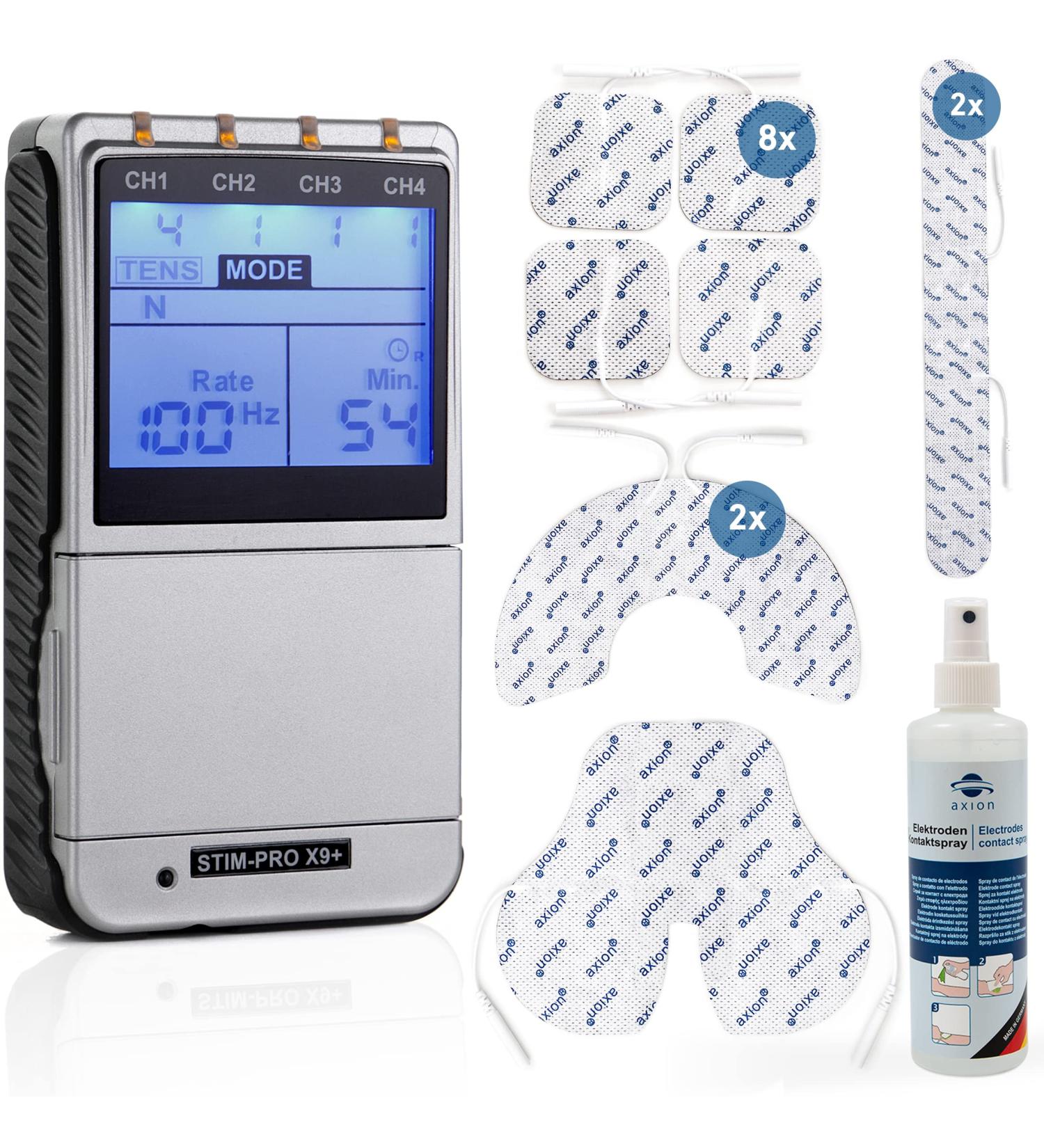 Axion Tens Ems Stim -Pro X9+ | 4-Channel Pain Therapy & Muscle Building Device + 8 Electrodes & Contact Spray - Certified Medical Product - Special Offer - Buy Online on GoSupps.com