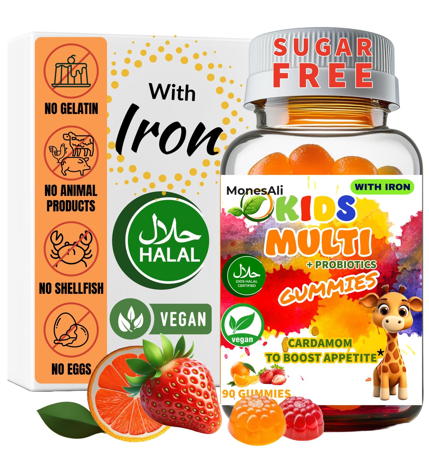 MonesAli Kids Multivitamin Gummies with Iron & Probiotics Vegan Gelatin-Free Halal Orange & Strawberry Flavors 90 Count - Buy Online on GoSupps.com