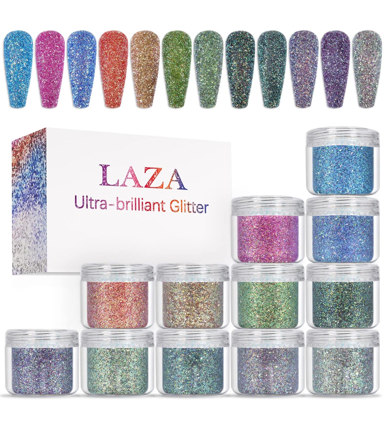 Laza 12 Colors Nail Art Glitter Peacock Powder - Holographic Shimmer Dust for Nail Decoration - Azure Pink and Gold - Buy Online on GoSupps.com