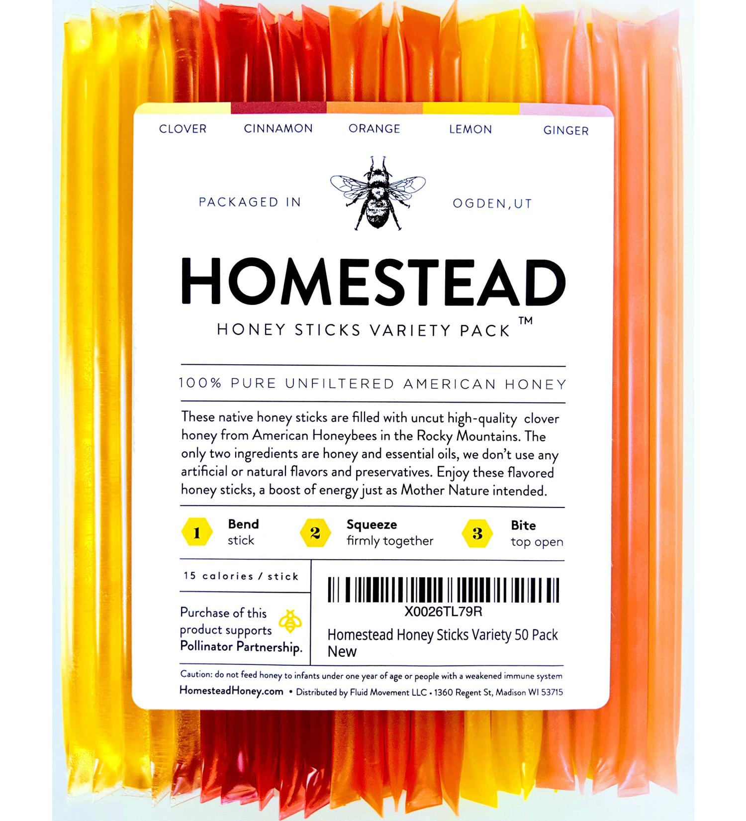 Homestead Honey Sticks (50 Pack) - 5 Flavors - Clover, Cinnamon, Orange, Lemon, Ginger - Pure American Honey with Essential Oils - 1 Count - Buy Online on GoSupps.com