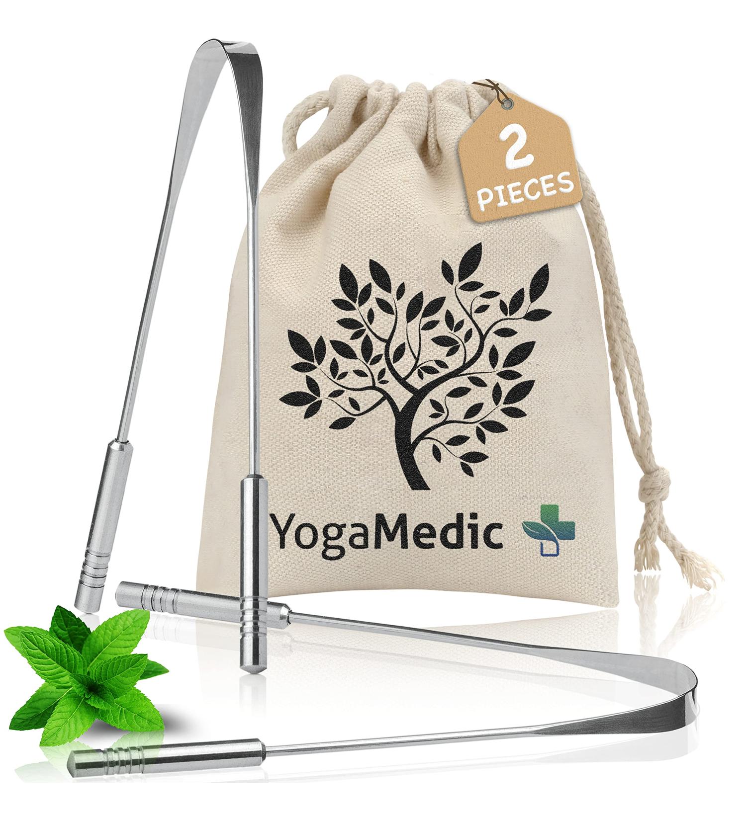 YogaMedic Tongue Scraper 2 Pack - Stainless Steel Cleaner for Fresher Breath - Oral Hygiene Tool with Travel Case - Adults & Kids - Fight Bad Breath - U Shape Stainless Steel - Tsuka Handles - Buy Online on GoSupps.com