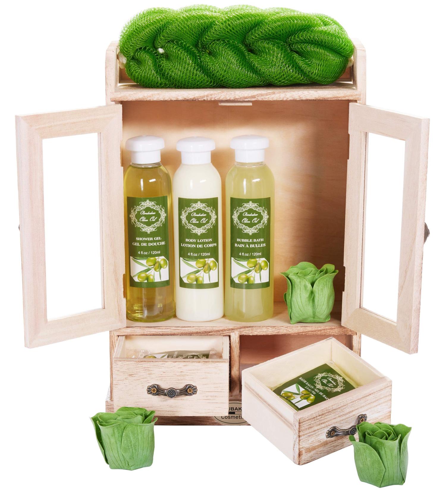 Buy BRUBAKER Cosmetics Olive Bath & Care Set in Wooden Cabinet | International Shipping Available - Buy Online on GoSupps.com