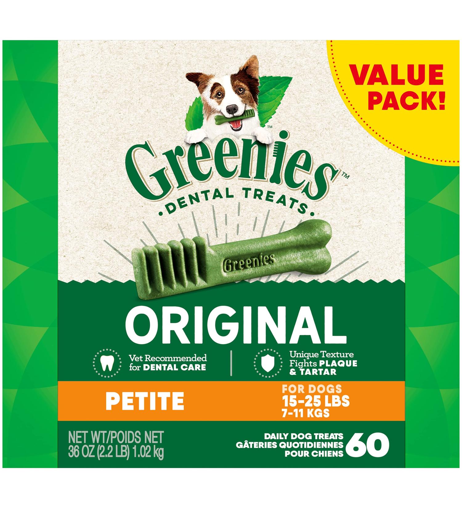 Greenies Original Dental Chews for Petite Dogs (15-25 lbs) - 60 Count Pack | Natural Dog Treats - Buy Online on GoSupps.com