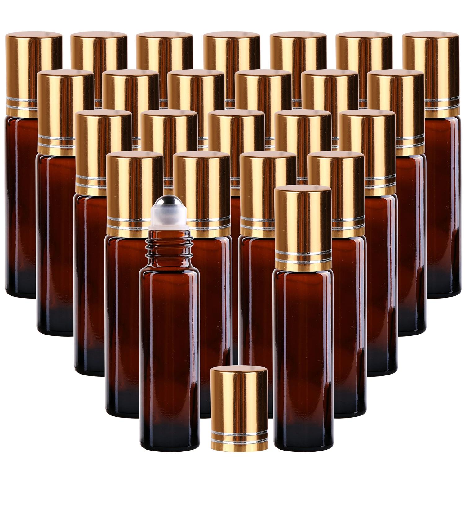 24 Pack Inice Roller Bottles for Aromatherapy Essential Oils - Amber Glass 10ml Refillable Containers with Accessories and Roller Ball - Buy Online on GoSupps.com