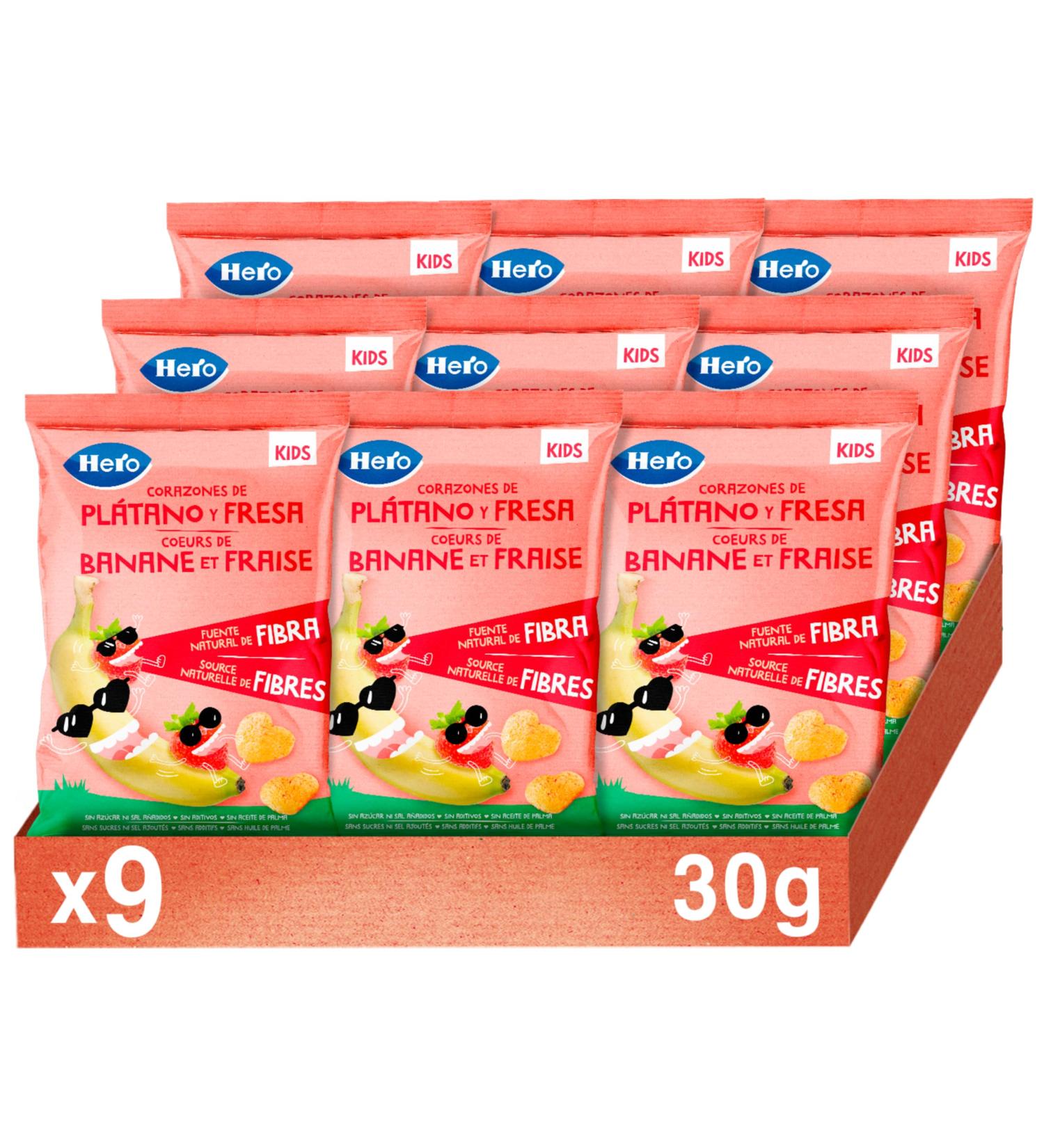Hero - Snacks Coeurs de Banane et Fraise Sans Sucres ni Sel Ajout s Sans Gluten Sans Huile de Palme Sans Additifs - Lot 9 x 30 g - Buy Online on GoSupps.com