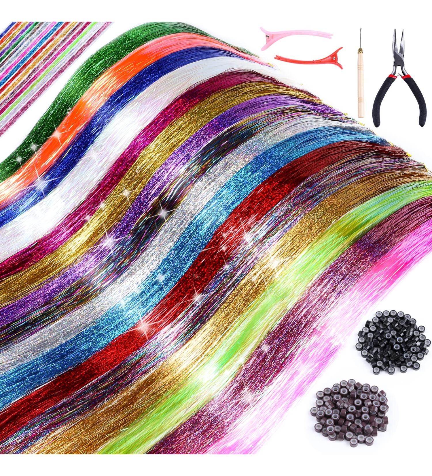 16 Colors Hair Tinsel Kit - 3200 Strands, 47 Inches, Heat Resistant Fairy Hair Extensions for Party - Christmas, Halloween - Includes Tool - Buy Online on GoSupps.com