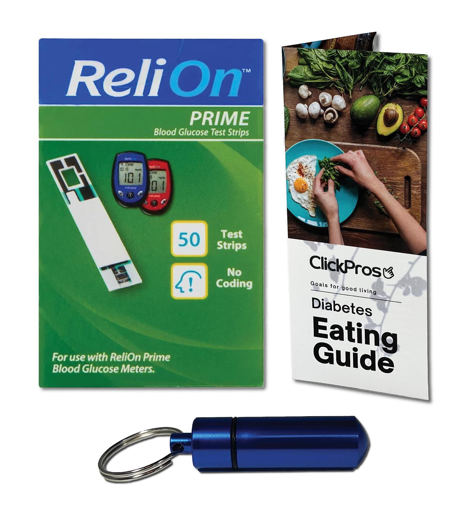 ReliOn Prime Blood Glucose Test Strips 50 Ct Bundle with Diabetes Eating Guide, Pill Container - 3 Items - Buy Online on GoSupps.com