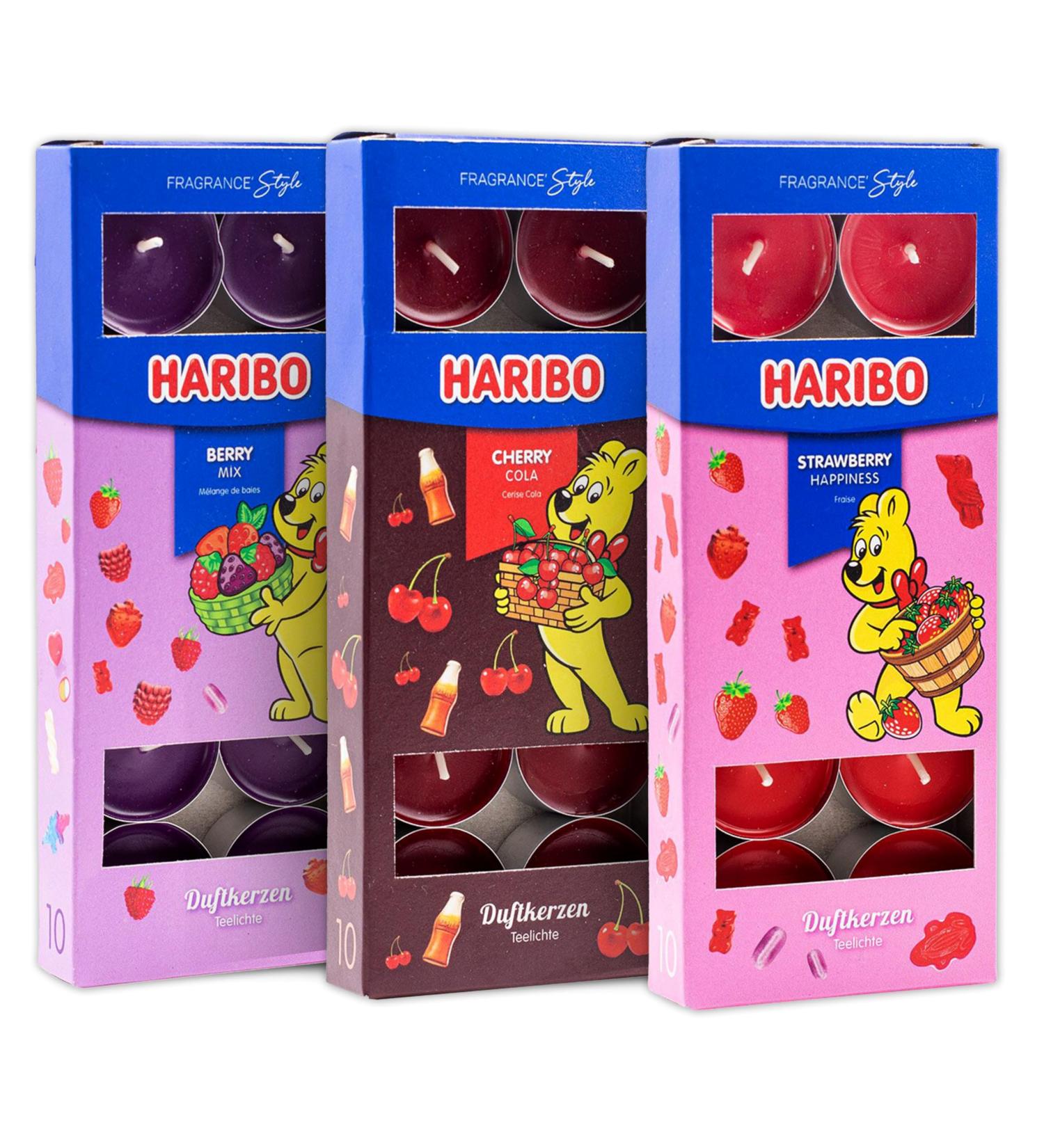 Haribo Tea Lights Trio Set All Year - Berry Mix Cherry Cola & Strawberry Happiness 30 Pieces (3 x 10) - Scented Candles with 4-6 Hours Burn Time Mood Lighting for Home - Buy Online on GoSupps.com