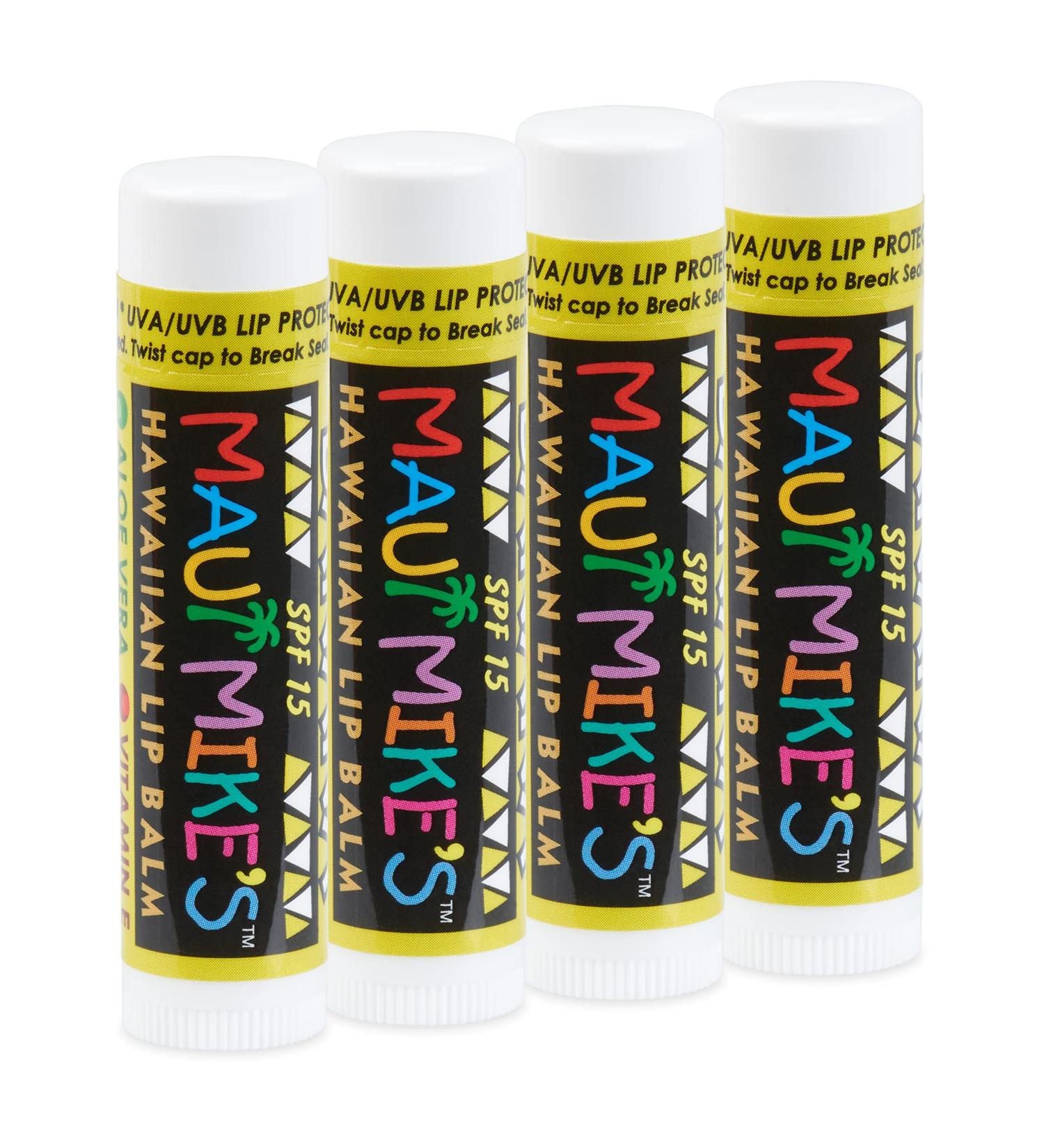 Maui Mike's Banana Lip Balm SPF-15 (4 Pack) with Vitamin E, Aloe Vera, and Beeswax - Restore Dry Lips with Smooth Glide - Buy Online on GoSupps.com