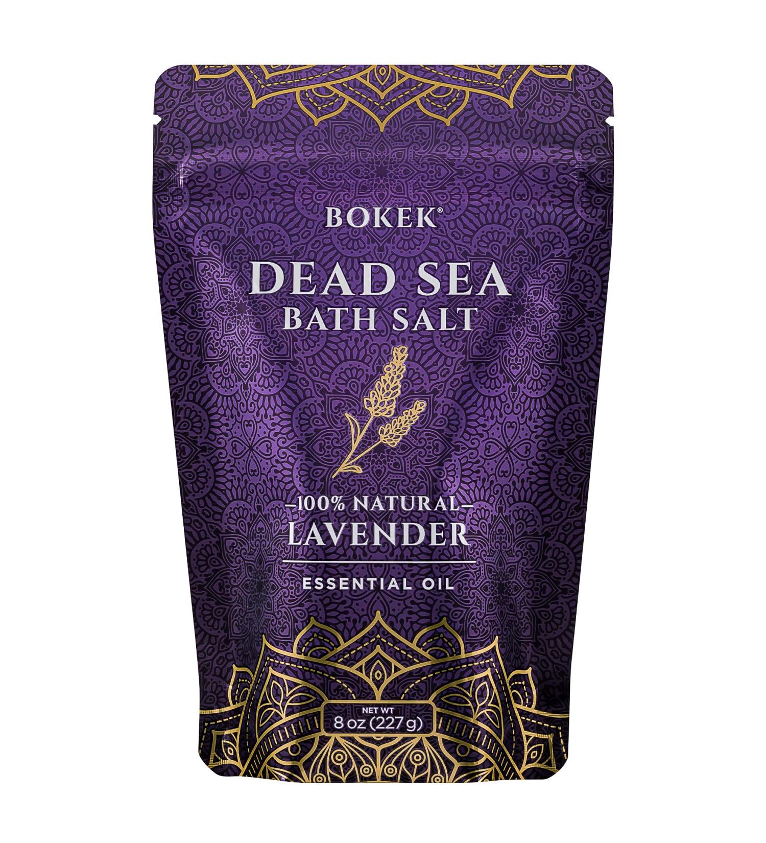 Bokek Organic Lavender Bath Salt | Dead Sea Salt Scented with Certified Organic Essential Oil | 8 oz Resealable Pouch | Soothing Lavender Scent | Single Pack - Buy Online on GoSupps.com