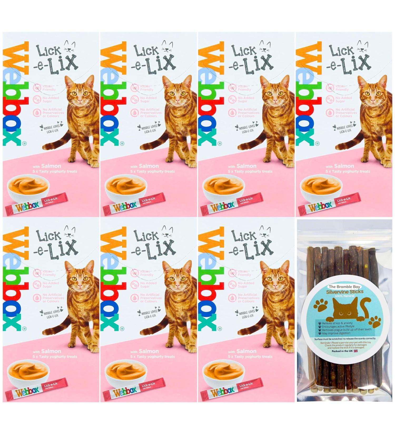 Cat Treats bundle contains Lick e Lix Salmon Webbox Licky Lix Kitten Treats and Snacks Lick-e-Lix Pack of 7 x 5's - Total 35 x 15g sachets and our Silvervine Chew Sticks - Buy Online on GoSupps.com