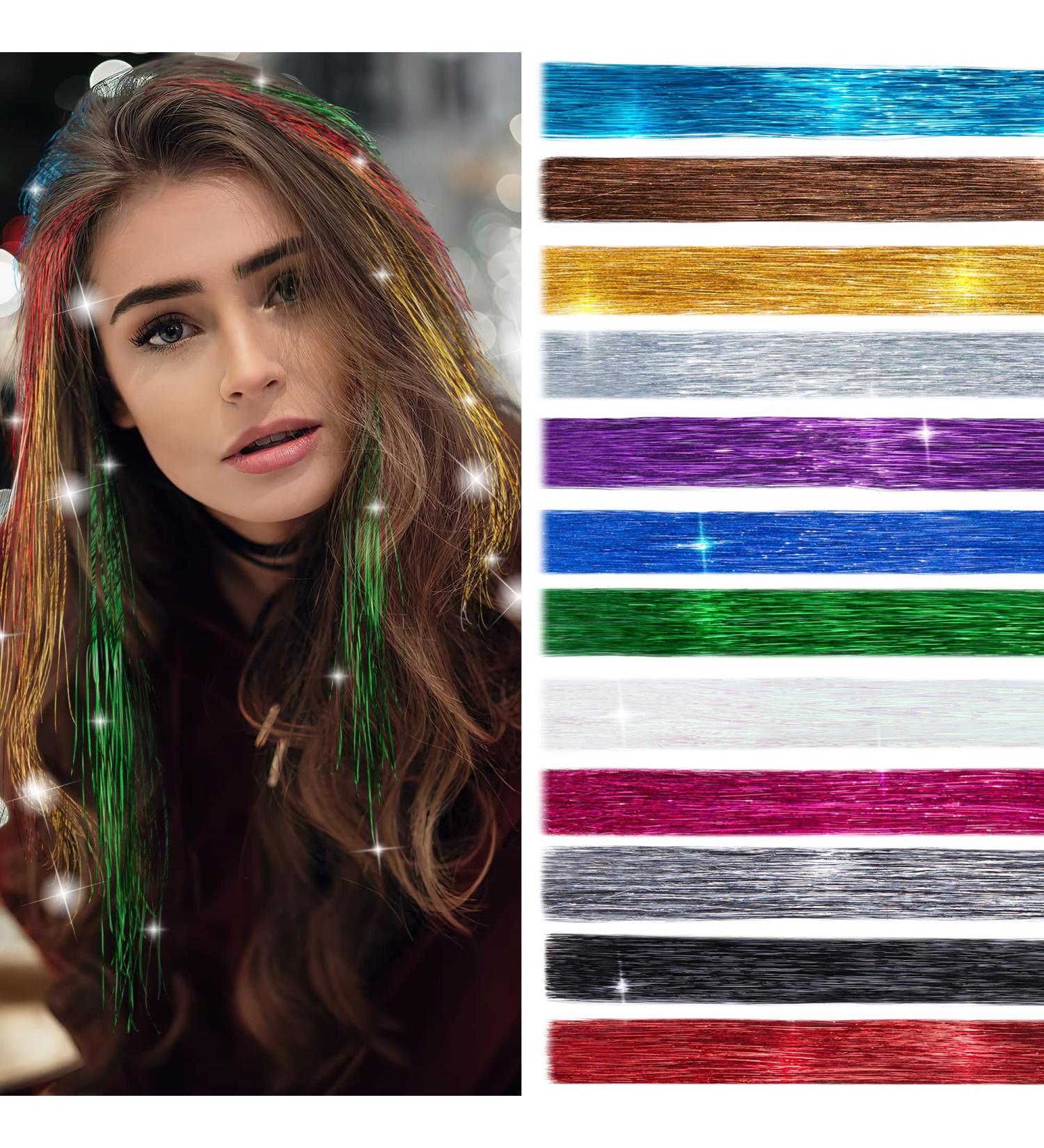 SEGO Hair Extension Tinsel Kit With Tools 12 Colors 2400 Strands Tinsel Hair Extensions 47 Inch Sparkling Shiny Hair Tinsel Highlights Glitter For Women Beauty Multi Color - 6 - Buy Online on GoSupps.com