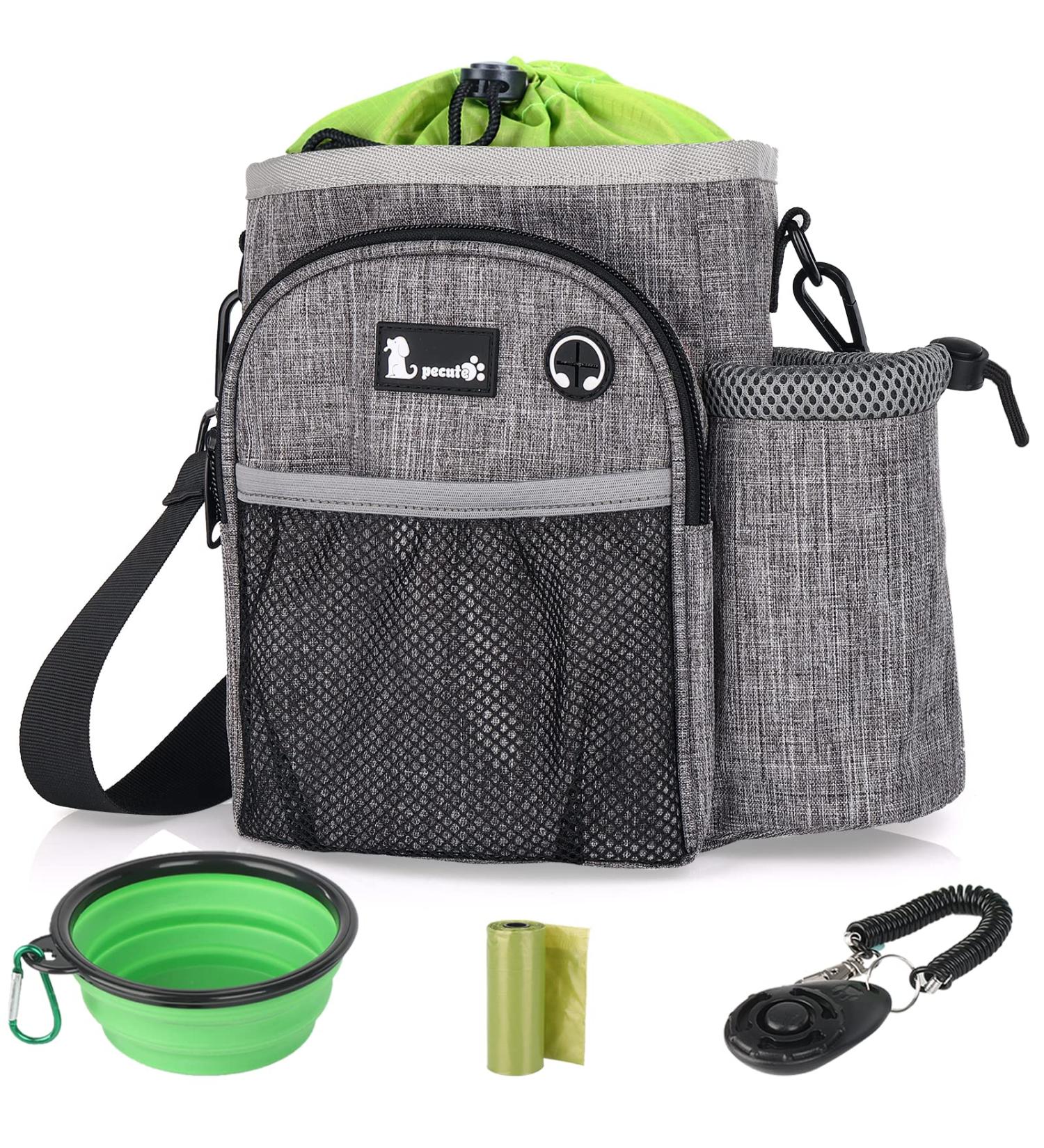 XL Dog Walking Bag with Water Bottle Holder | Waterproof Treat Pouch | Adjustable Straps | Grey + Green - Buy Online on GoSupps.com