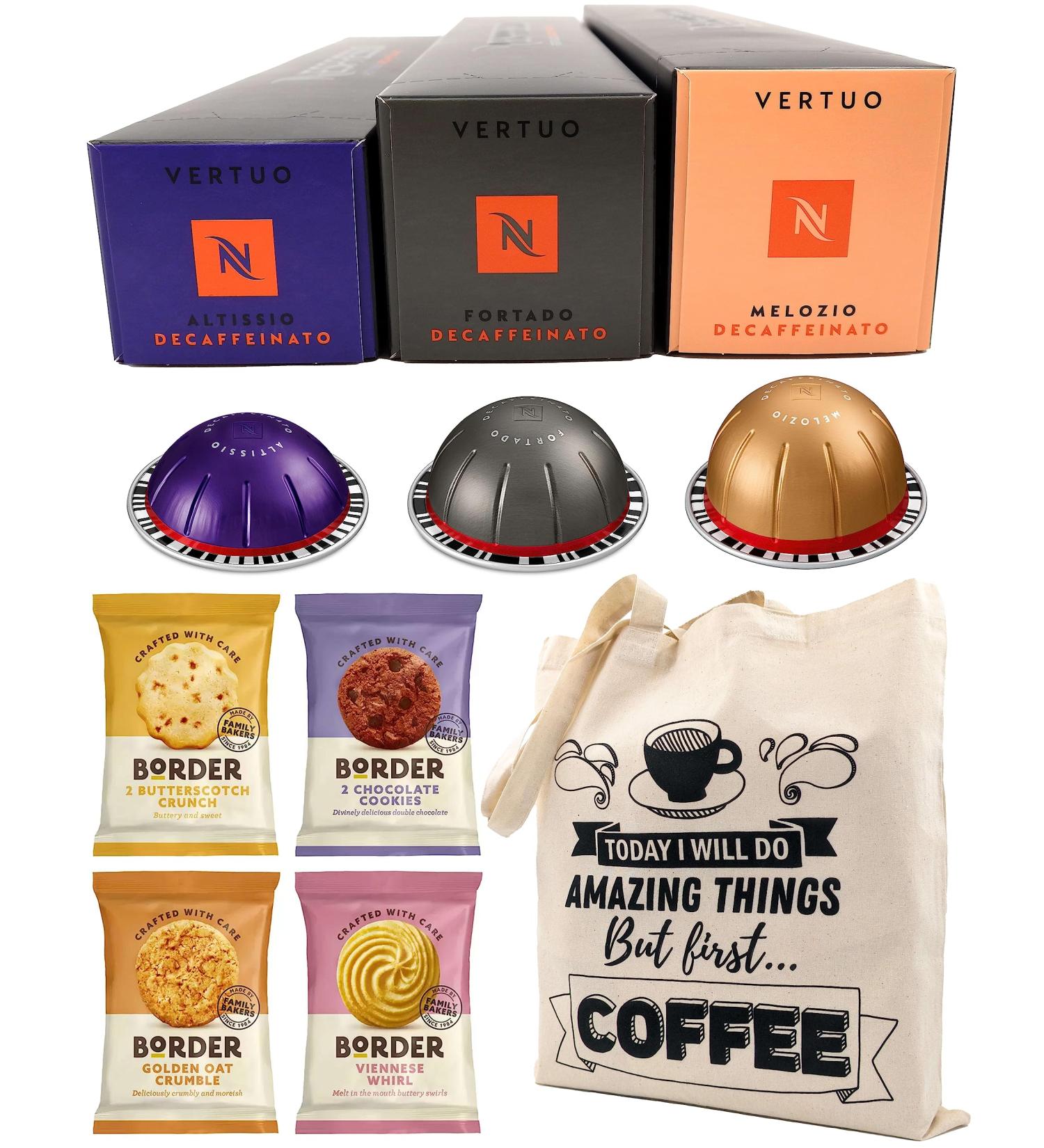 Nespresso Vertuo Coffee Capsules Decaffeinated Selection - Altissio Fortado & Melozio Decaffeinato 3 Boxes (30 Pods) Bundled with Border Biscuits & Giftable Tote Bag - Buy Online on GoSupps.com