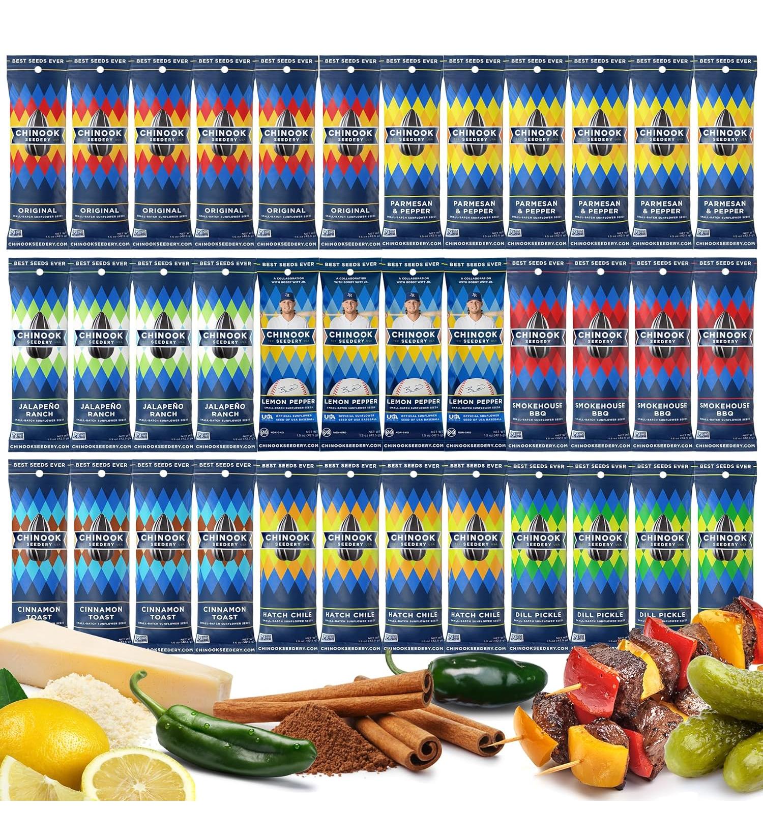 Chinook Seedery Roasted Jumbo Sunflower Seeds - Keto Snacks - Gluten Free Non GMO - 1.5oz (Pack of 36) - 6 Flavor Variety Pack - Buy Online on GoSupps.com