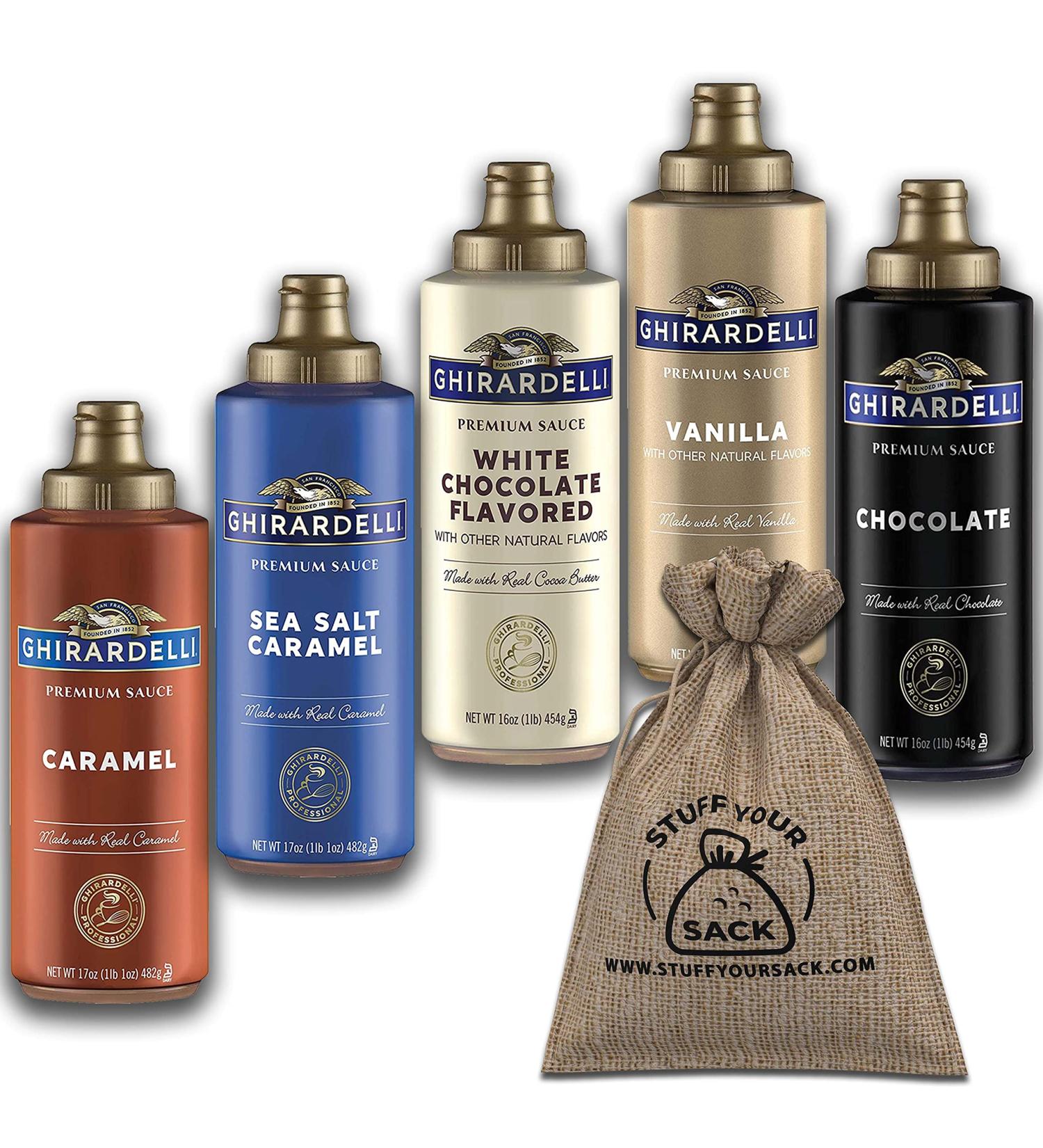 Ghirardelli Sauce 5 Flavor Variety Pack & Burlap Gift Sack - 16oz Black Label Chocolate, Caramel, Sea Salt Caramel, Vanilla & White Chocolate - Perfect for Ice Cream & Coffee Flavoring - Buy Online on GoSupps.com