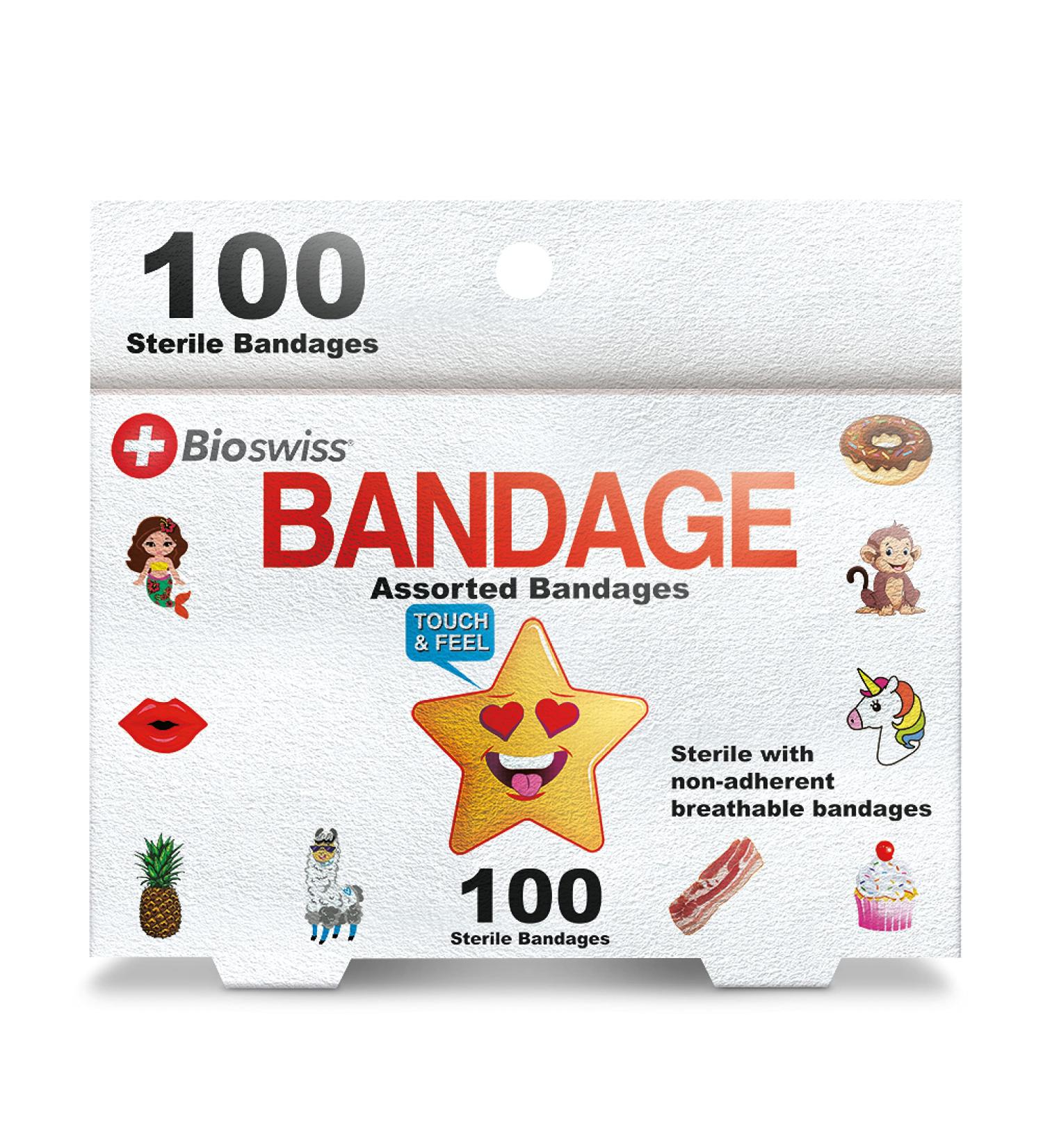 Bioswiss Assorted Food Animal and Character Shaped Bandages - 100 Pack Latex Free Adhesive Bandage for Kids and Adults - Buy Online on GoSupps.com