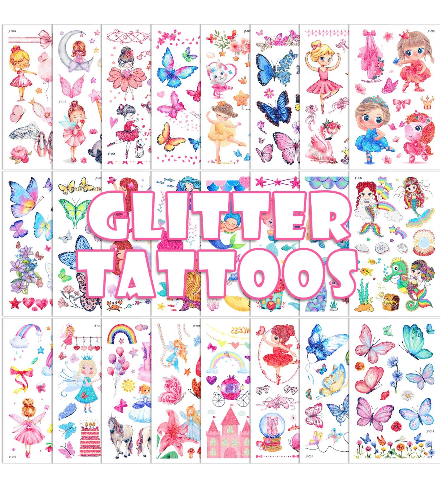 24 Sheets FANOST Glitter Tattoos for Girls - Mermaid, Unicorn, Butterfly, Princess, Flower Fairy Designs - Temporary Fake Tattoos for Kids Party Favors - Buy Online on GoSupps.com