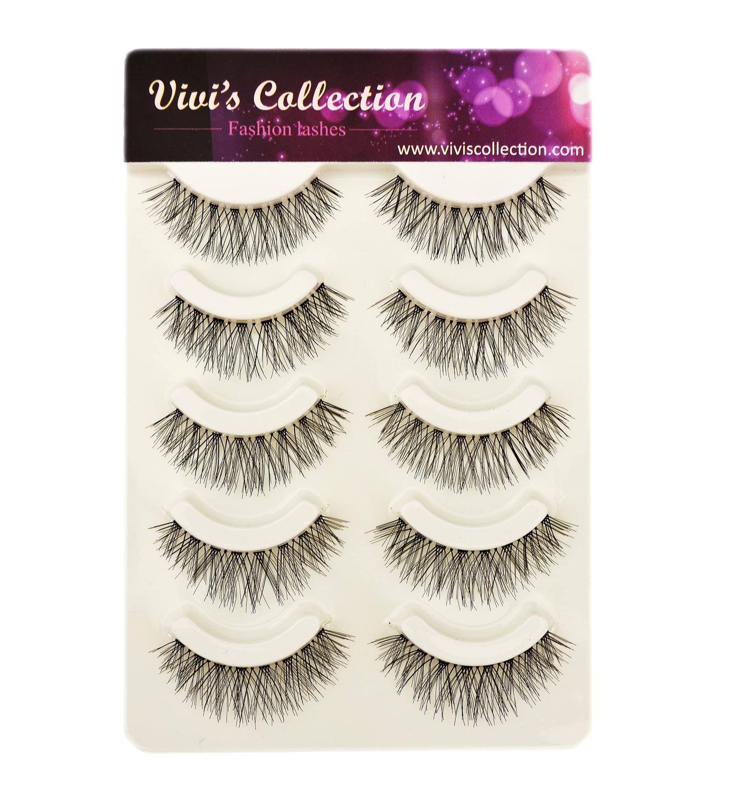 Vivis 5 Pairs Eyelashes Natural Lashes Long Cross Wispies False Black Wispy Doll Lashes Soft Clear Band Handmade Fake Lashes V001
