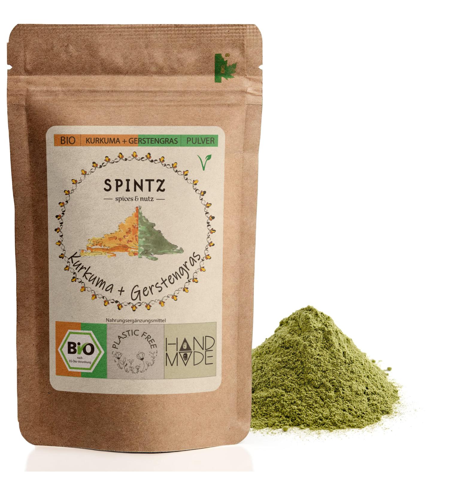 Spintz Organic Barley Grass & Turmeric Powder - 100% Natural Vegan Dietary Supplement | Plastic-Free Packaging (500g) - Buy Online on GoSupps.com