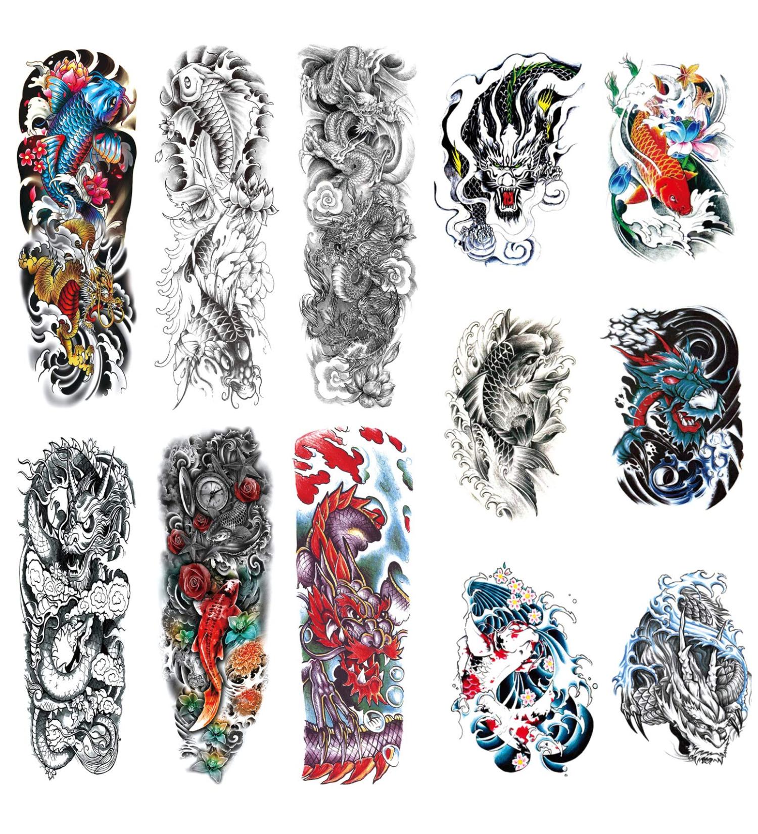 Dragon Fish Theme Full Sleeve Temporary Tattoos - 12-Sheet Set for Men & Women - Buy Online on GoSupps.com