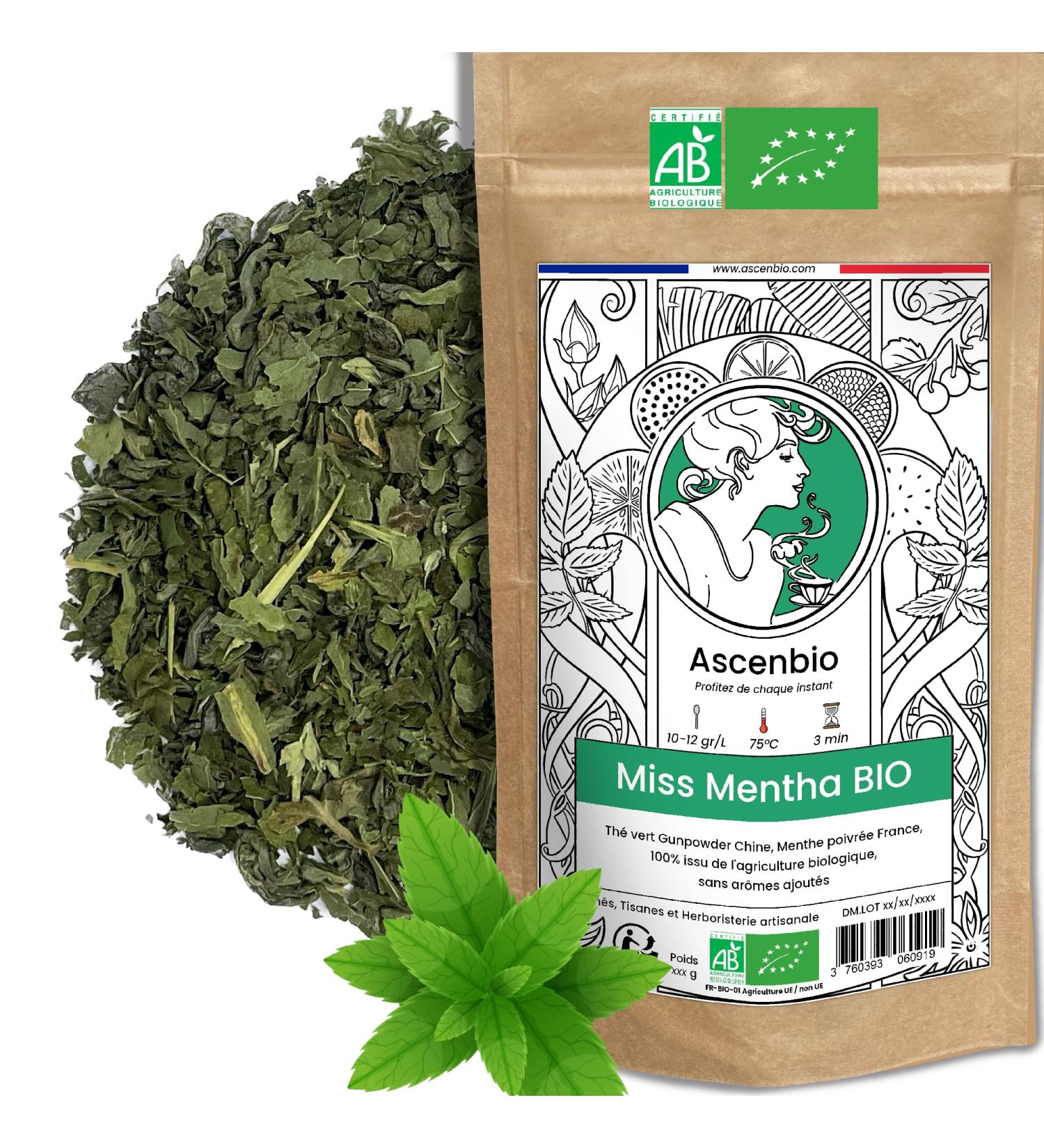  Ascenbio Ascenbio Organic French Mint Green Tea Marrakech Tea Refreshing Softness 180g Loose Prepared and packaged in France Biodegradable Packaging - Buy Online on GoSupps.com