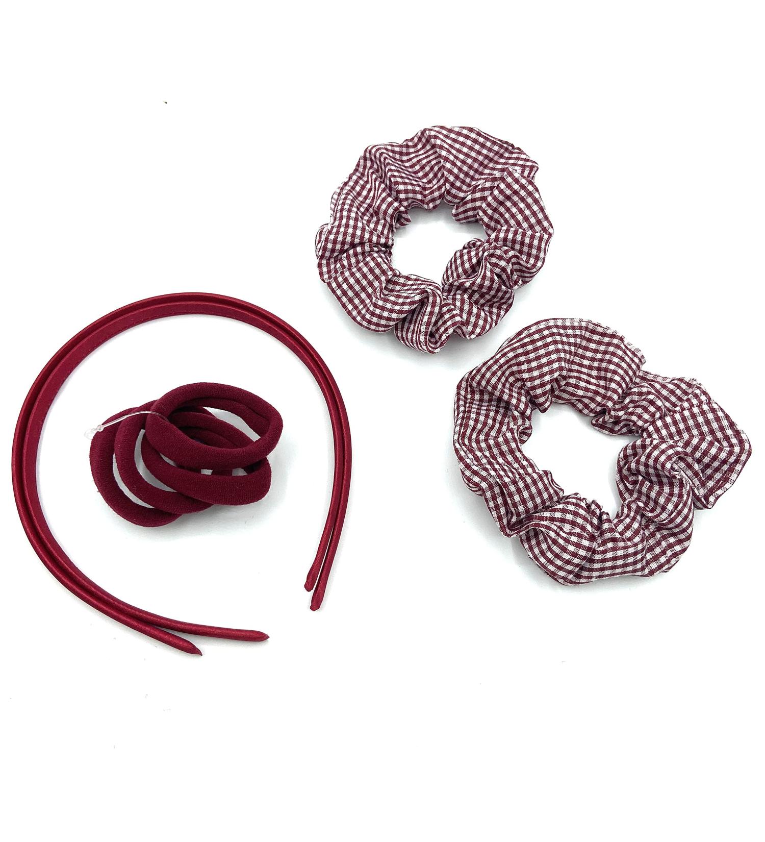 Girls Gingham School Hair Accessories 8 PIece Headbands Bobbles & Scrunchies Set (Burgundy)