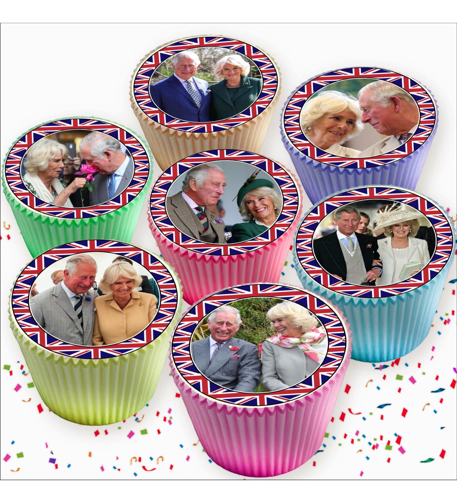 KING CHARLES CORONATION CROWNING CAMILLA UNION JACK EDIBLE CUPCAKE TOPPERS x 24