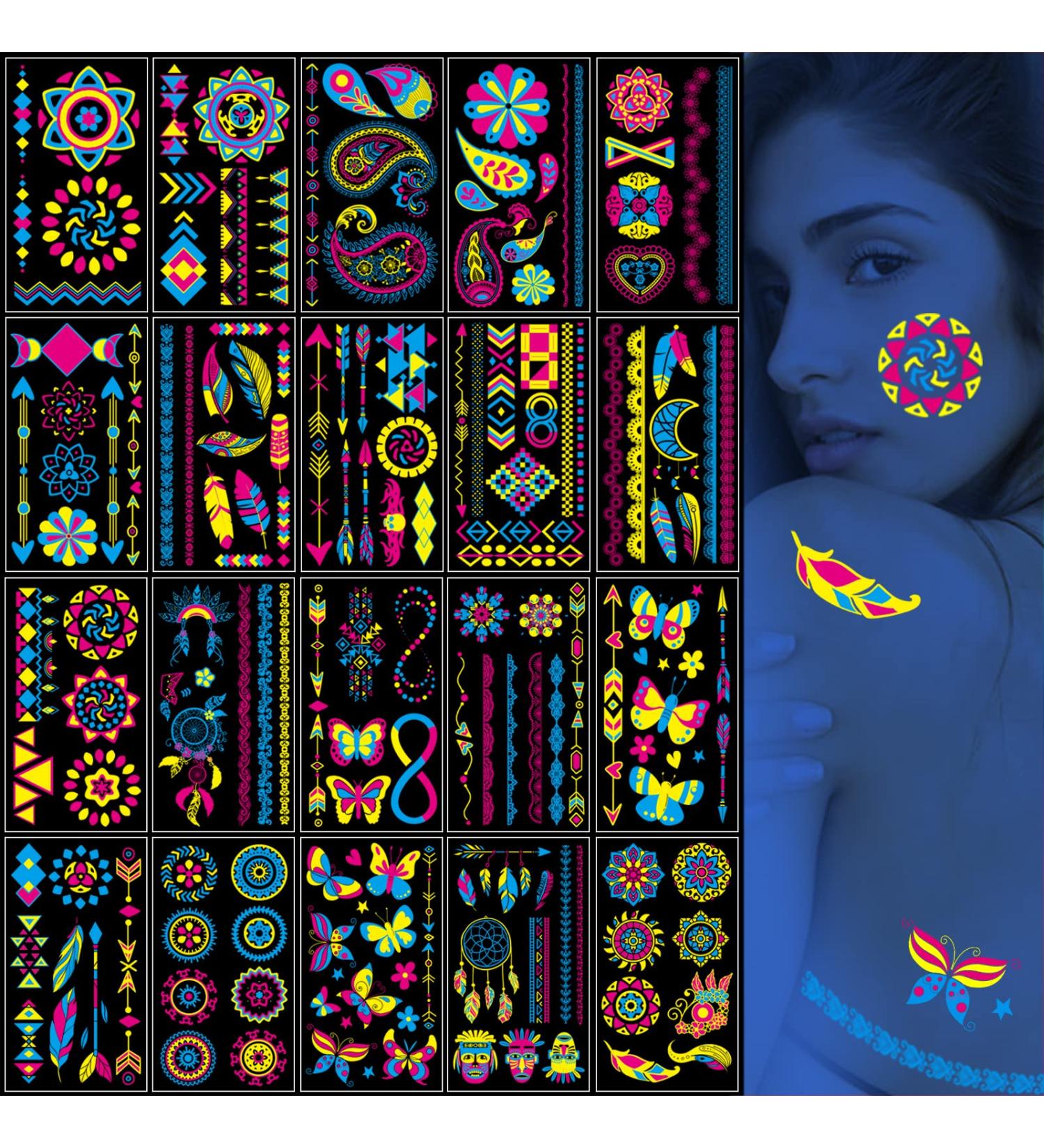 Glow in The Dark Temporary Tattoos 20 Sheets - Glitter Styles Flower Mandala Butterfly Feather UV Neon Body Face Fake Tattoo for Women Men - Party Supplies - Buy Online on GoSupps.com