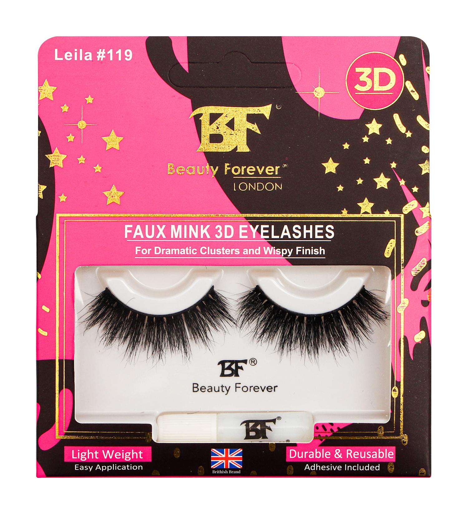 Beauty Forever Faux Mink 3D Eyelashes Dramatic Texture & Wispy Handmade & Reusable With Latex Free Glue Leila No. 119 - Buy Online on GoSupps.com