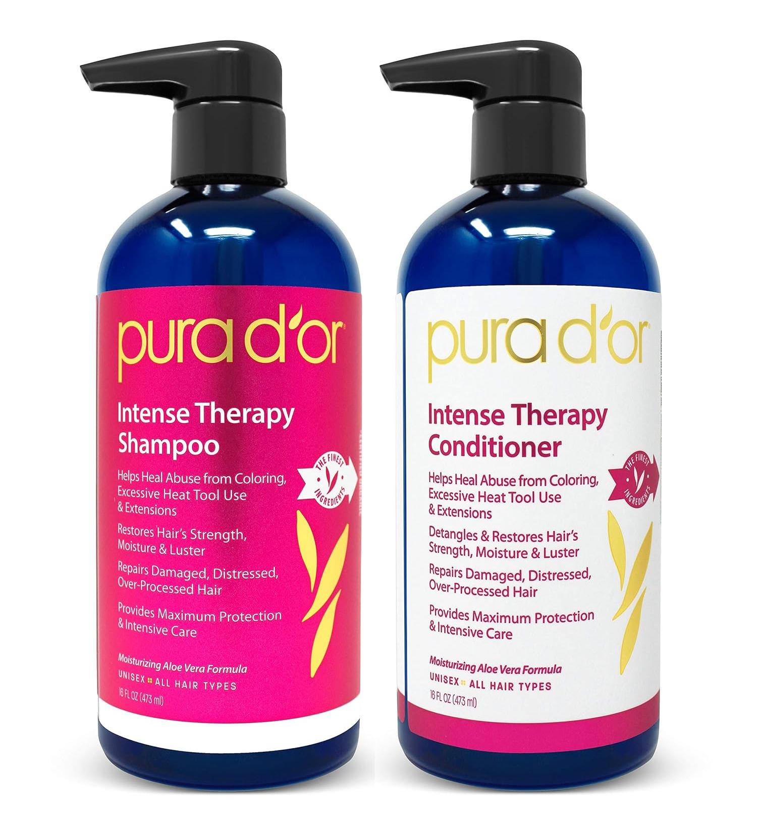 PURA D'OR Intense Therapy Shampoo & Conditioner Repairs Damaged Natural Ingredients All Hair Types Men & Women 16 Oz Pack Of 2 - Buy Online on GoSupps.com