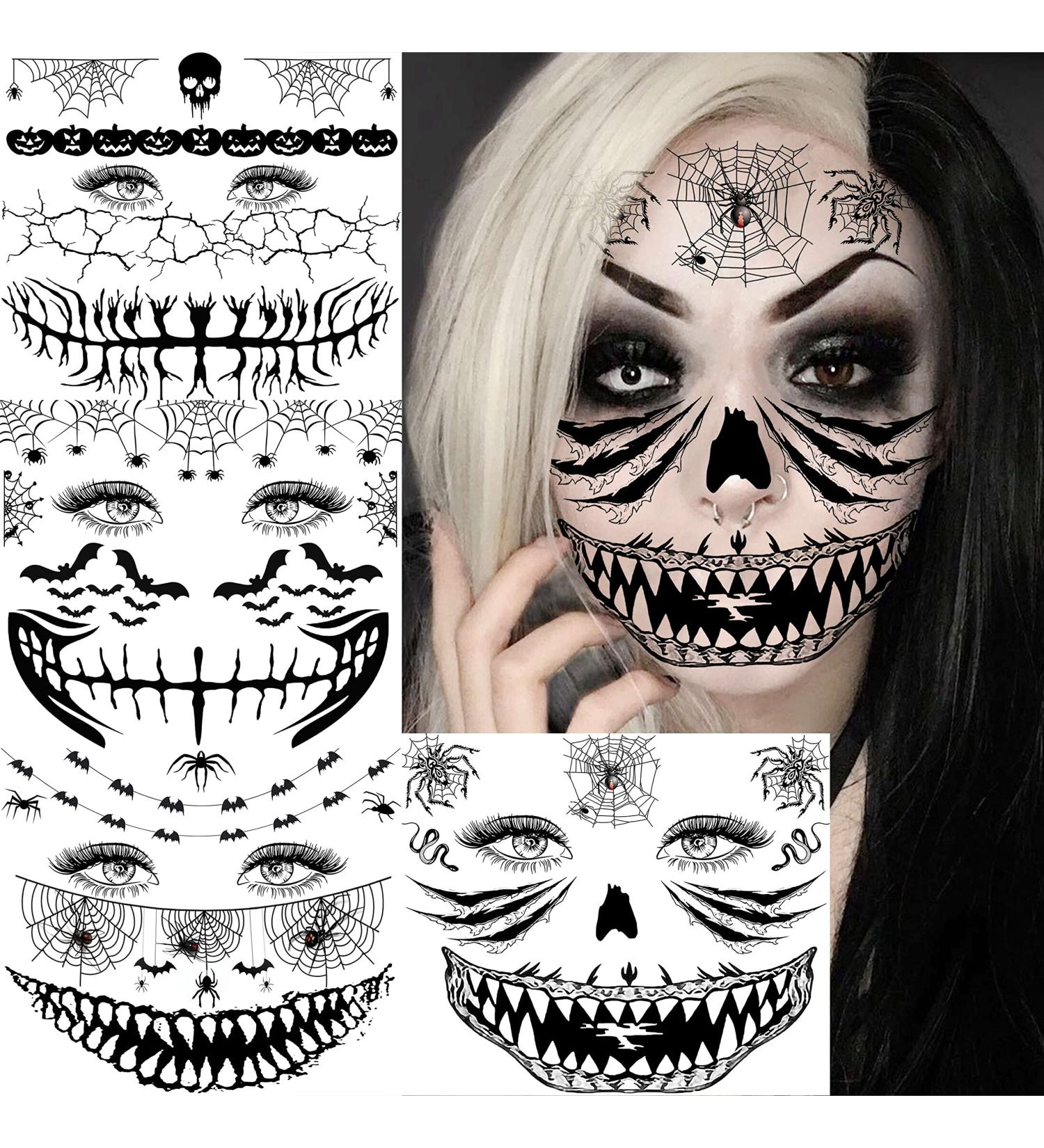 Scary Halloween Face Temporary Tattoos - 4 Sheets for Women, Men, Kids, and Adults | 3D Witch, Zombie Makeup Kit | Dia de los Muertos Face Tattoos with Spider Web, Bat, and Scar Designs - Buy Online on GoSupps.com