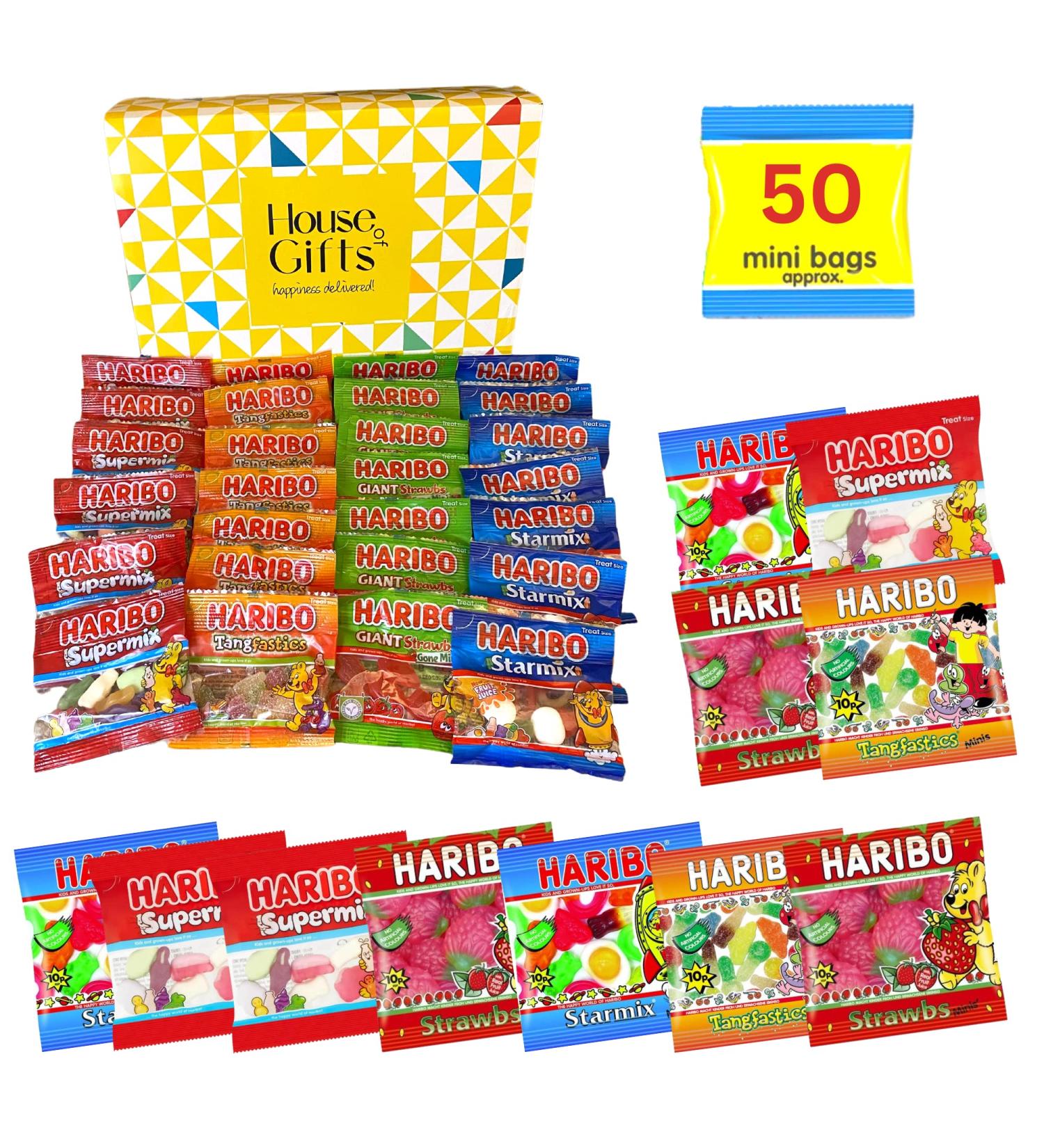 Haribo Sweets Hamper Gift Box - 50 Mini Bags | Supermix, Starmix, Tangfastic, Strawbs | Kids Party Bag Fillers - Buy Online on GoSupps.com