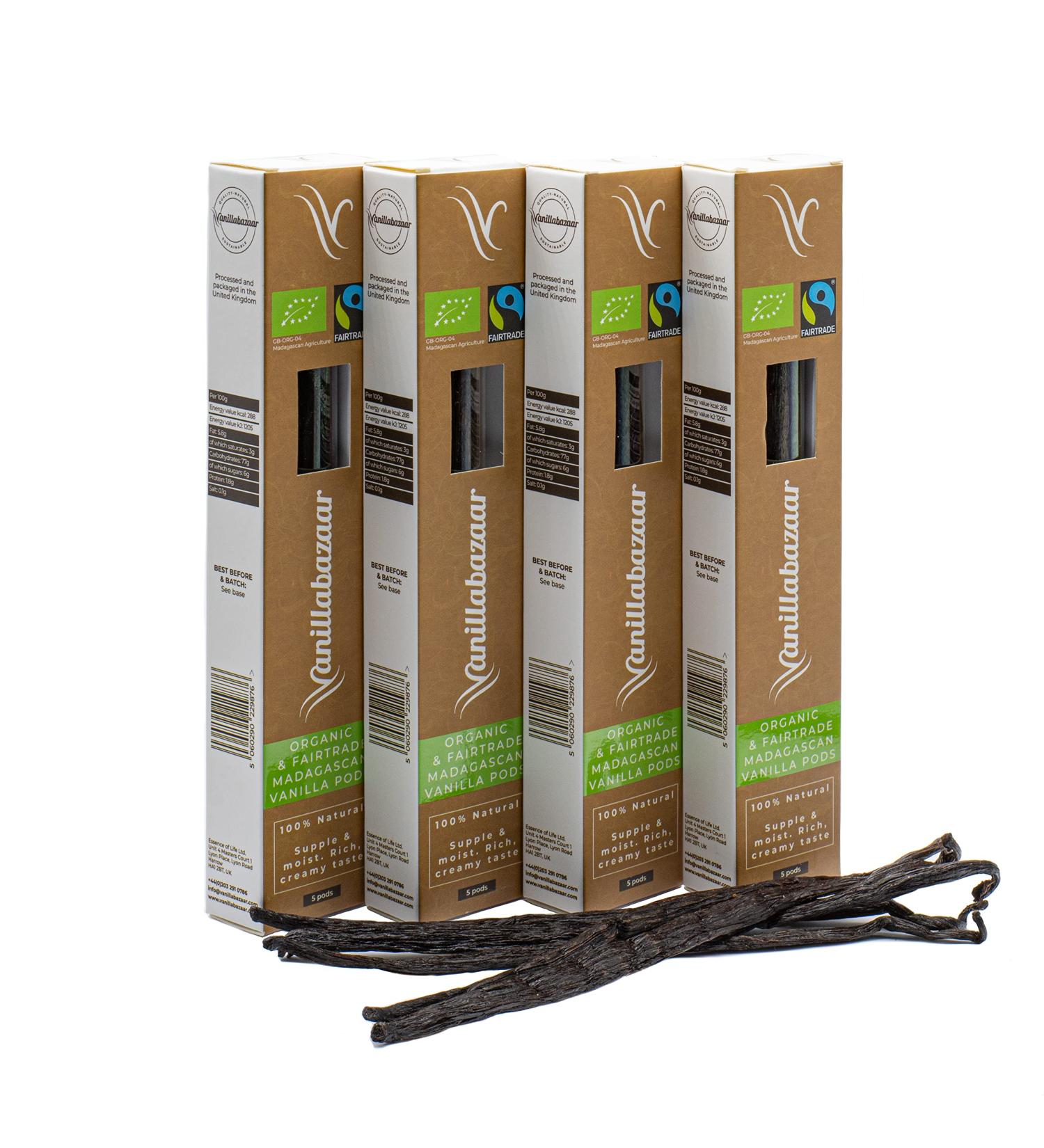 Vanillabazaar Organic & Fairtrade Madagascan Grade A Vanilla Pods - 20 Bourbon Premium Beans in Resealable Tube for Chefs & Baking - 4x5 Pod Tubes - Buy Online on GoSupps.com
