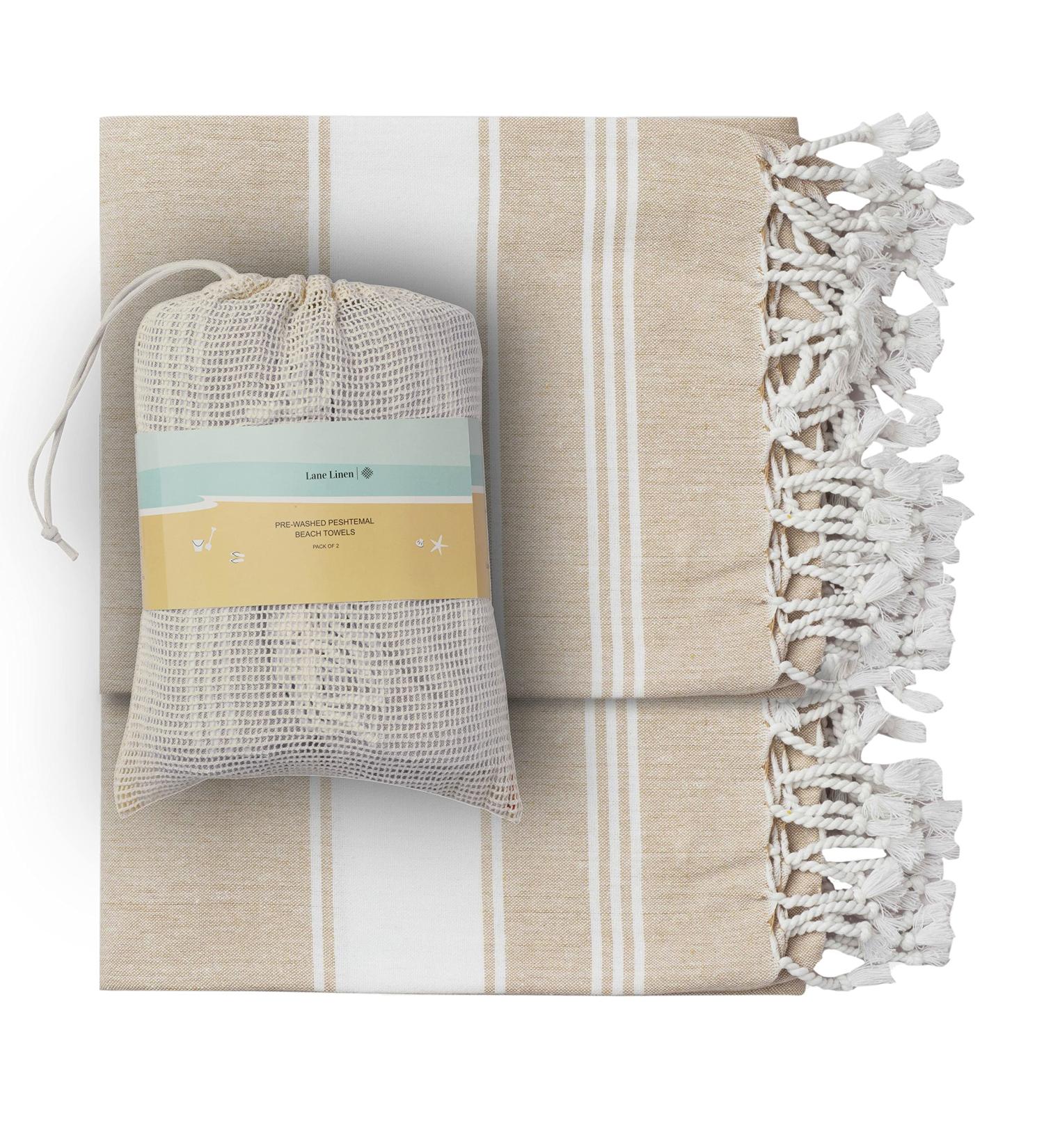 2-Piece Set: 100% Cotton Beach Towel with Beach Bag - Oversized 39x71 Towels for Adults - Quick Dry Sand Towels - Travel Beach Towel - Beige - Buy Online on GoSupps.com