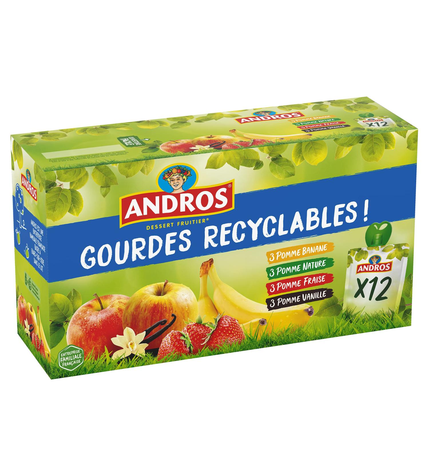 ANDROS - Fruit Compote - Recyclable Pouch - Light - Apple Flavor + Apple/Vanilla + Apple/Strawberry + Apple/Banana - Ideal for - Buy Online on GoSupps.com