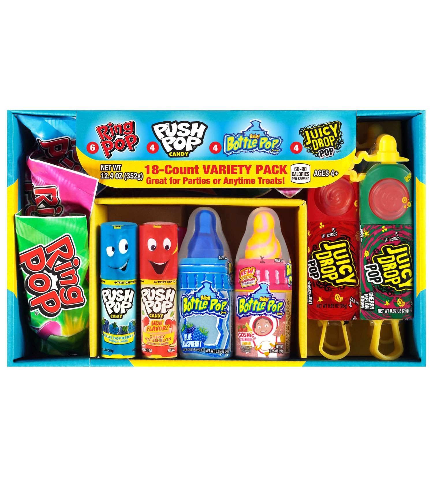 Bazooka Candy Brands Halloween Variety Lollipop Box - 18 Count Assorted Flavors Including Ring Pop, Push Pop, Baby Bottle Pop & Juicy Drop - Perfect Candy Gift for Halloween - 15.8 oz (Pack of 1) - Buy Online on GoSupps.com