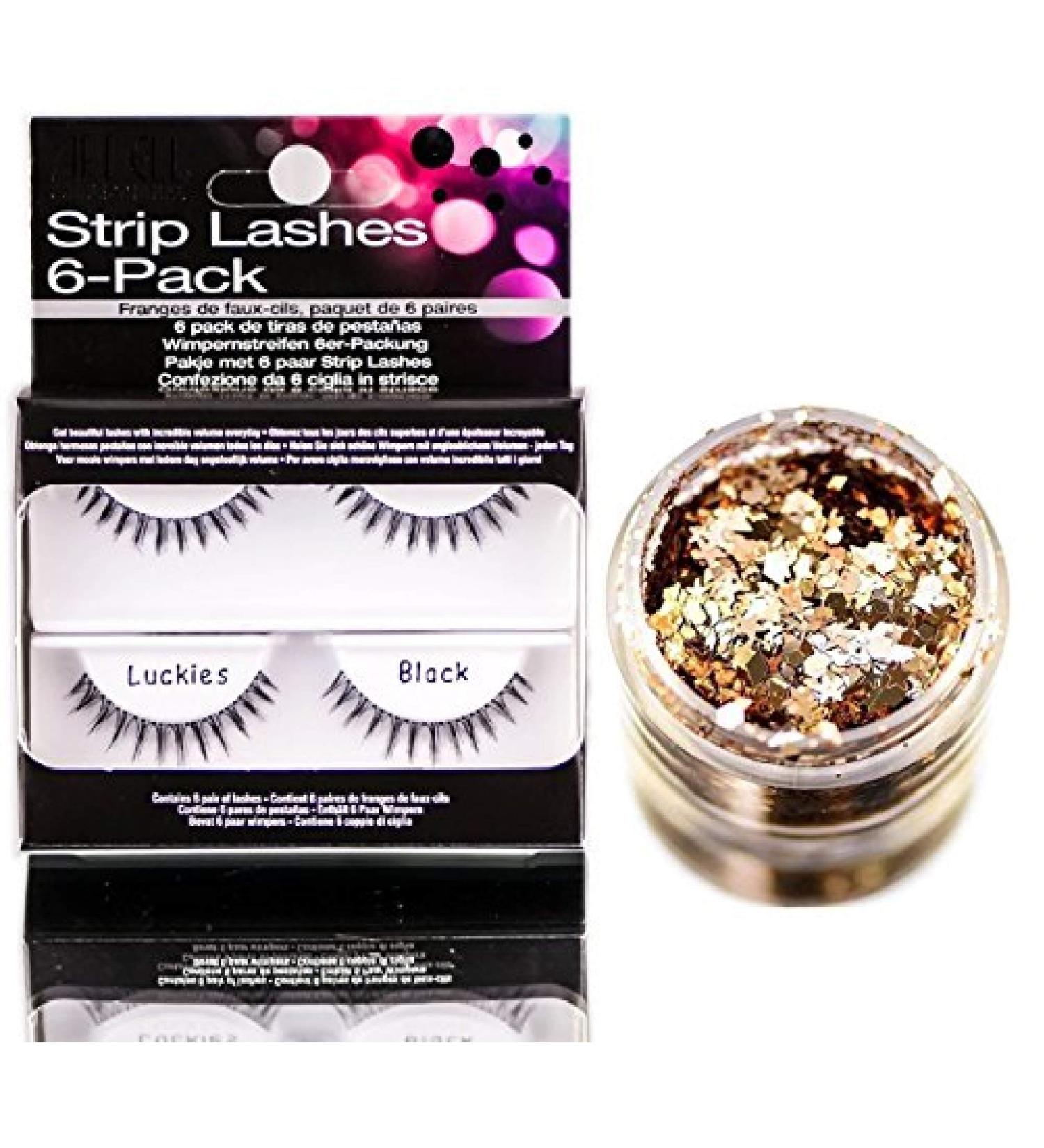 Ardell Professional STRIP LASHES 6-pack LUCKIES BLACK Contains 6 pair of lashes Get Beautiful Lashes with Incredible Volume Everyday (with bonus Skin/Hair GLITTER) (Luckies Black)