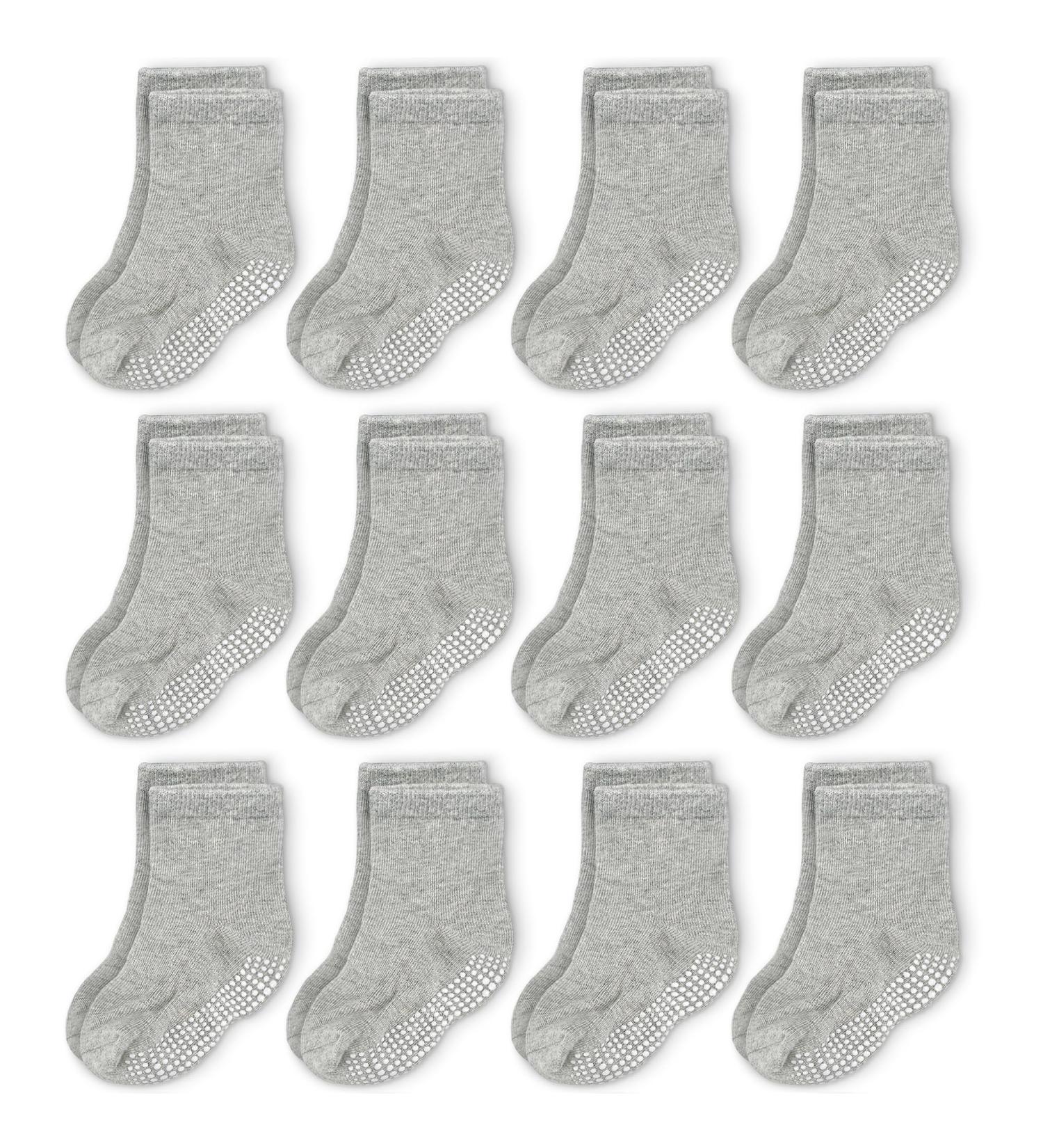 CozyWay Kids Non Slip Cotton Crew Socks - Grey 12 Pairs | Anti-Skid Toddler Socks with Grips for Boys & Girls 1-3 Years - Buy Online on GoSupps.com