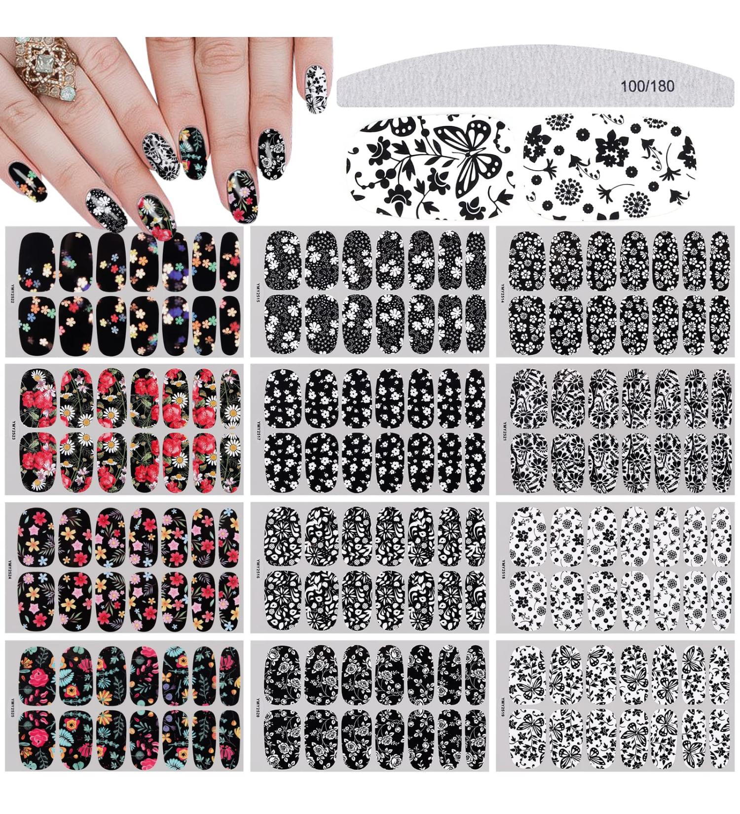 EBANKU Black White Full Wraps Nail Stickers 12 Sheets Flower Butterfly Retro Pattern Decals French Classic Simple Self Adhesive Decals for Girl Women Nails Art DIY Decoration (Flowers) - Buy Online on GoSupps.com