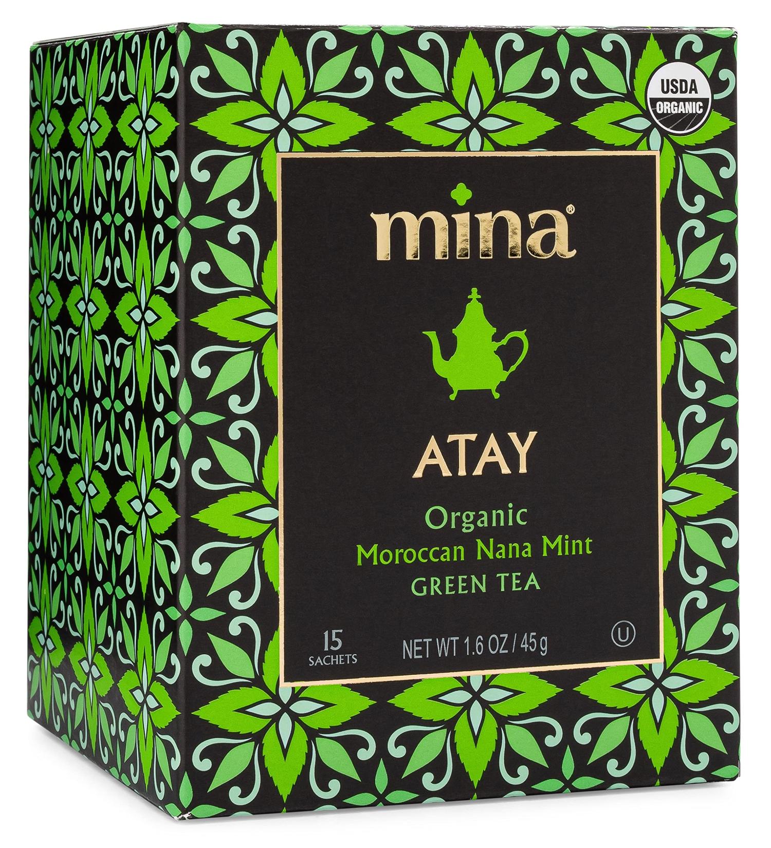 Mina Organic ATAY Mint Green Tea - Authentic Moroccan Peppermint & Shara Green Tea, 15 Biodegradable Sachets - Buy Online on GoSupps.com