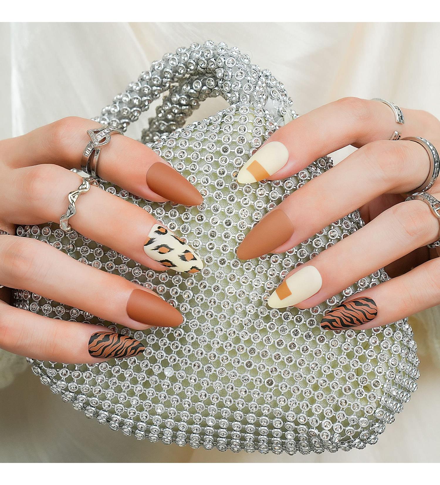 Jofay Fashion Salon Short Almond Press on Nails Vintage Acrylic Fake Nail Tips - Matte Amber | 24 Nail Kit for Women and Girls - Buy Online on GoSupps.com